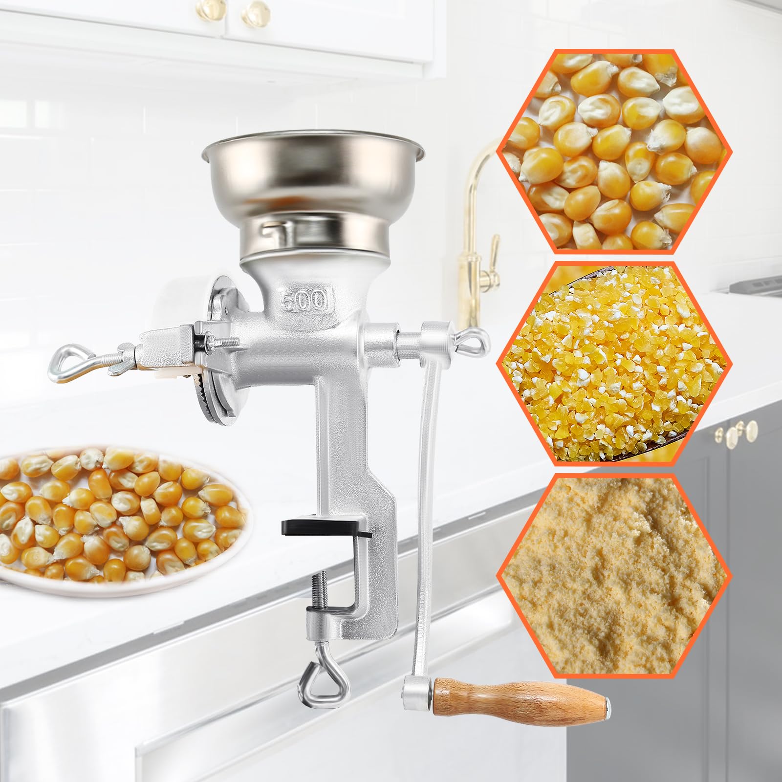 Samger Cast Iron Hand Crank Grinder Manual Corn Grinder Spice Grinder Table Clamp With Hopper For Wheat, Oats, Nut, Herbs, Coffe