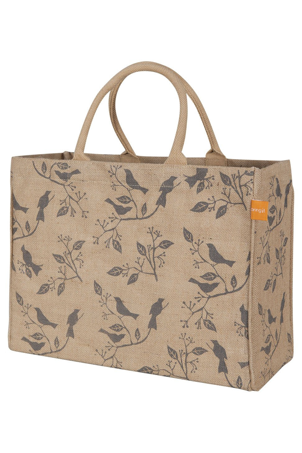Kaf Home Jute Market Tote Bag With Birds Print, Durable Handle, Reinforced Bottom And Interior Zipper Pocket, Generous Capacity,
