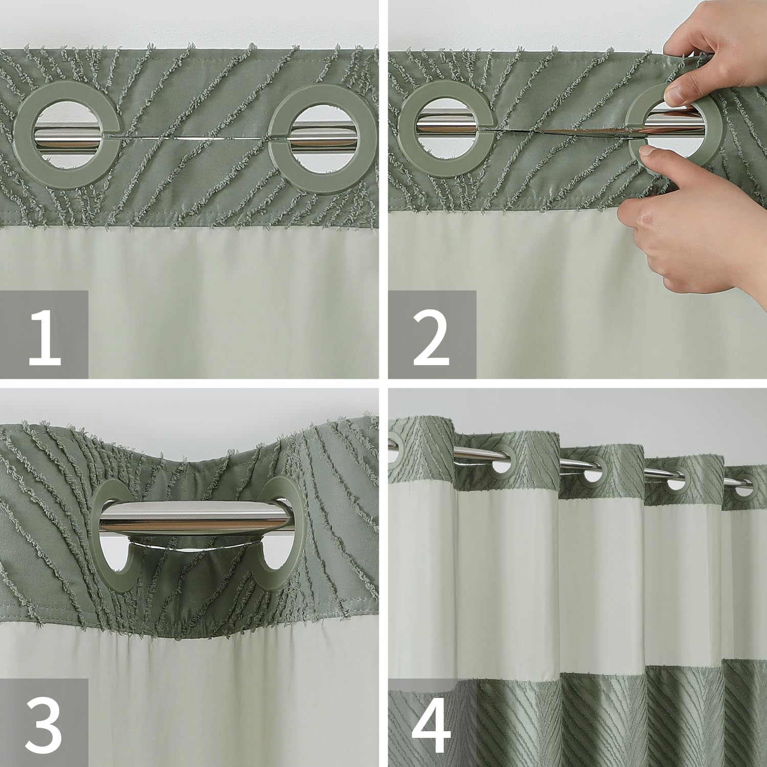 Eachope No Hook Shower Curtain And Liner Set,Boho Style With See Through Top Window, Sagegreen Fabric Tufted Striped Textured Ou