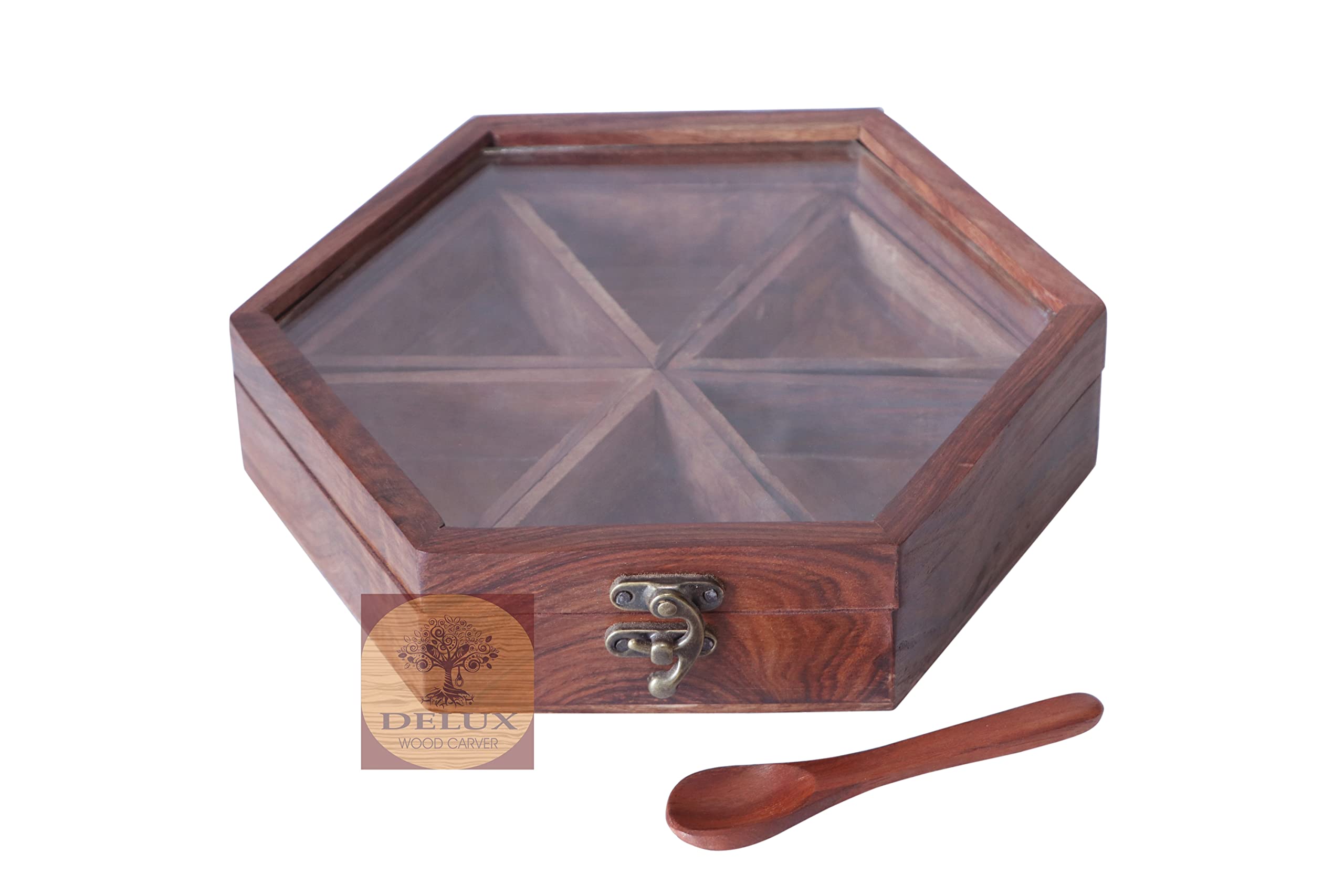 Delux Wood Carver Hexagon Spice Box With Spoon In Sheesham  Spice Box For Kitchen Container With Lid Decorative Masala Dabba Or