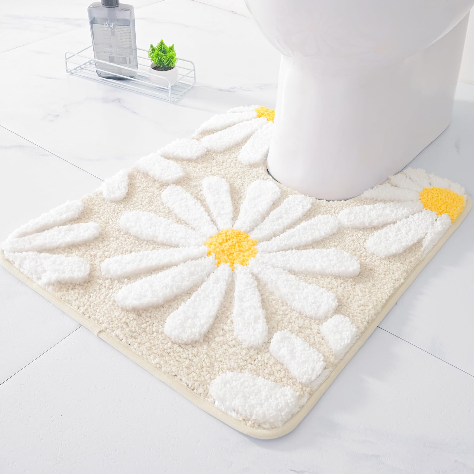 Qjhomo Toilet Rugs U Shaped, Beige Toilet Mat Cute Daisy Contour Bath Rug, Thick Soft Machine Washable Toilet Carpet, Non Slip B