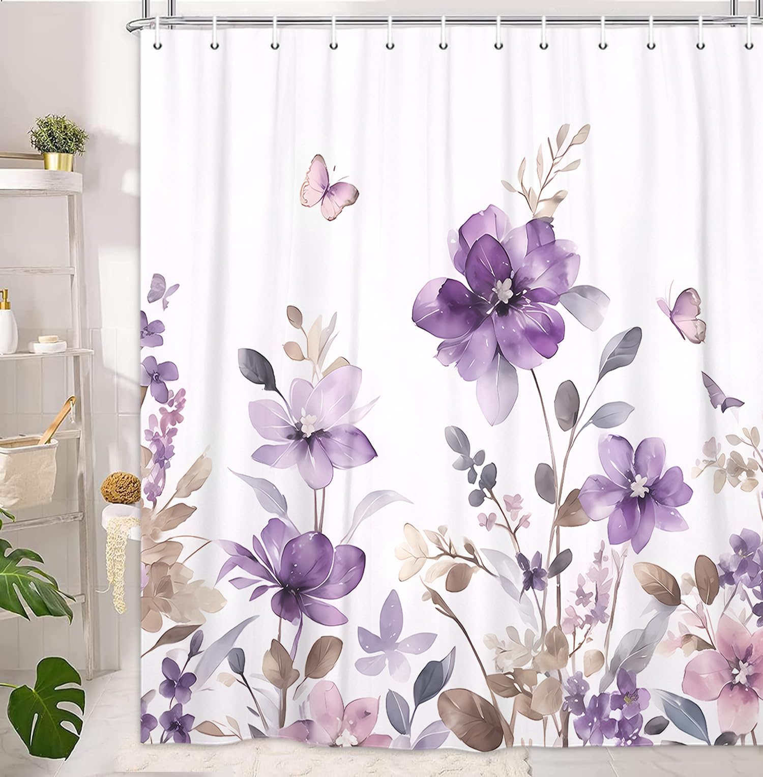 Purple Floral Shower Curtain, Farm Watercolor Flower Leaves And Butterfly On Country Wooden Shower Curtain For Bathroom, Rustic