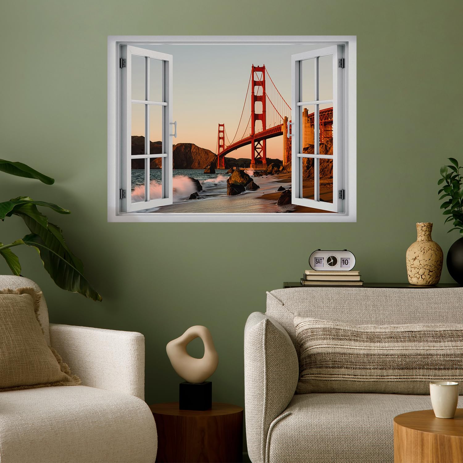 wall26 Removable Wall Sticker/Wall Mural Window View San Francisco Golden Gate Bridge Sunset Nature Wilderness Photography Realism Landscape Multicolor for Living Room  Bedroom  Office - 36''x48''