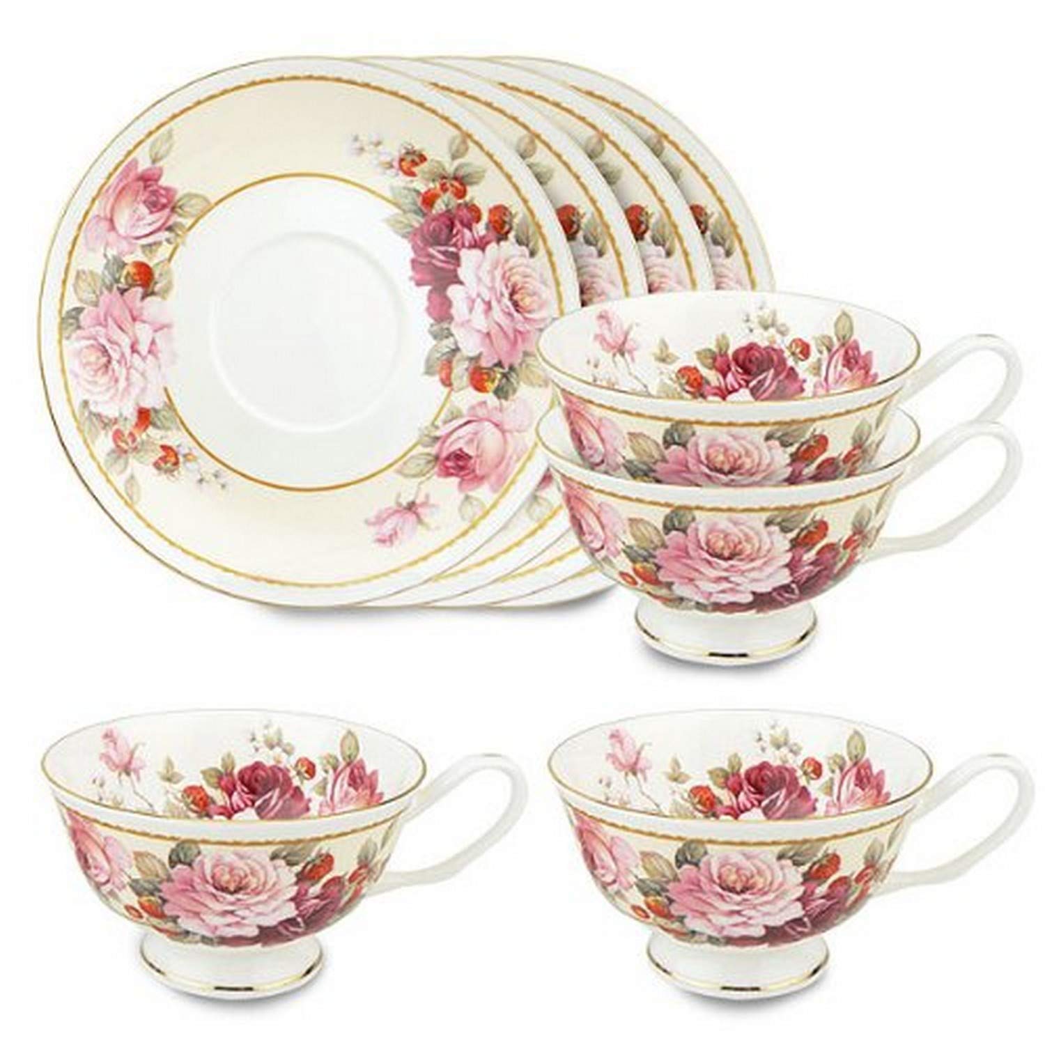 Gracie Bone China 8-Ounce Tea Cup And Saucer, Pink Peony Strawberry, Set Of 4