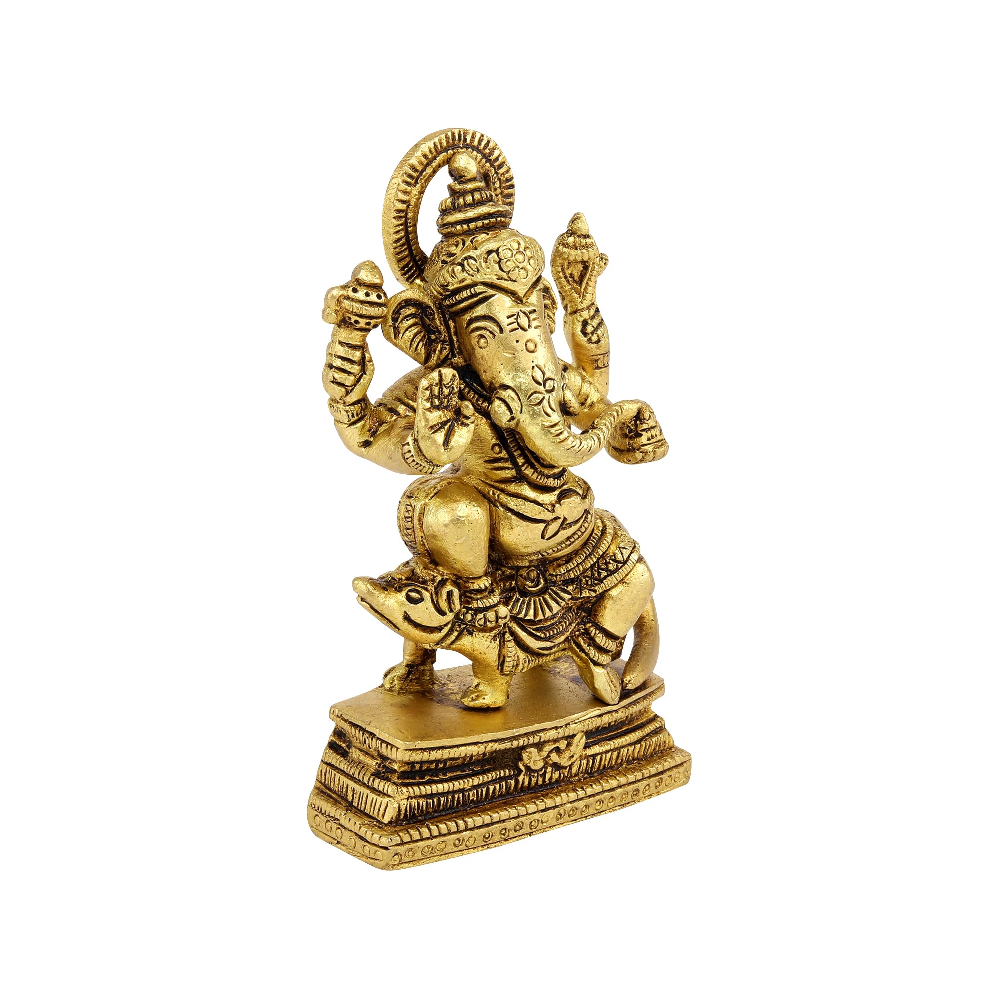 Shreeyaash Brass Ganesha Sitting On Rat Bhagwan Idol Ganesh Ganpati Statue For Home Decoration (4 Inch, Golden)