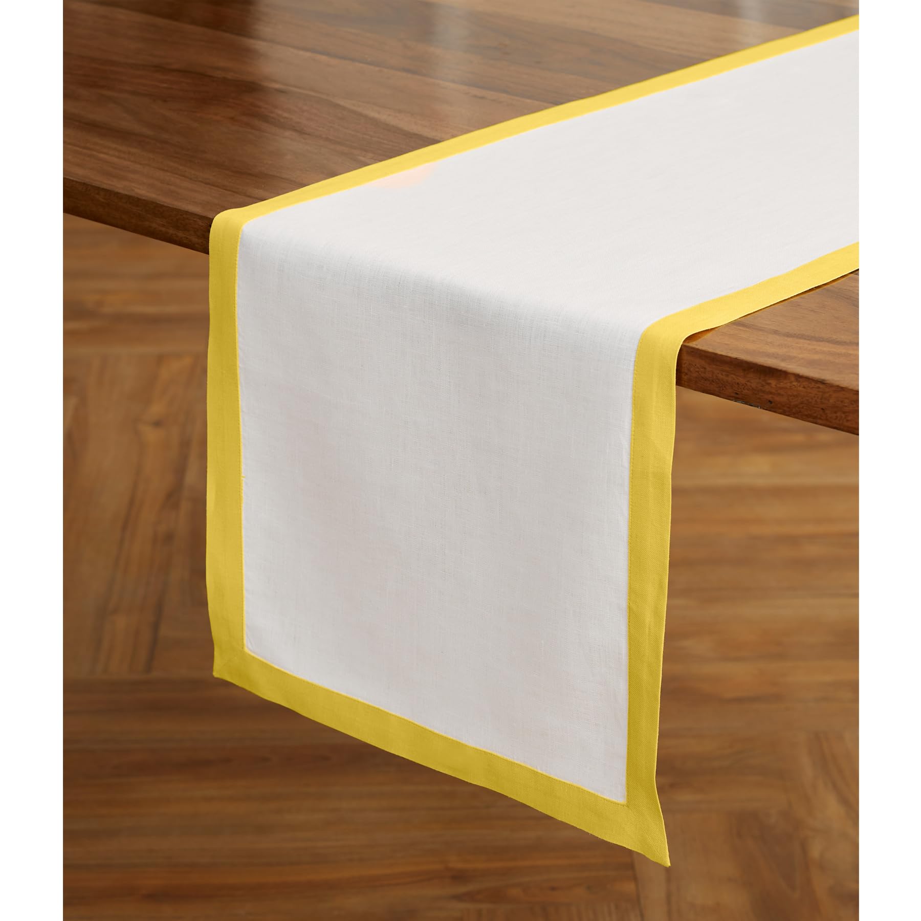 Solino Home Linen Table Runner 90 Inches Long - Classic, 100% Pure Linen Sunshine Yellow And White Table Runner 14 X 90 Inch Ide