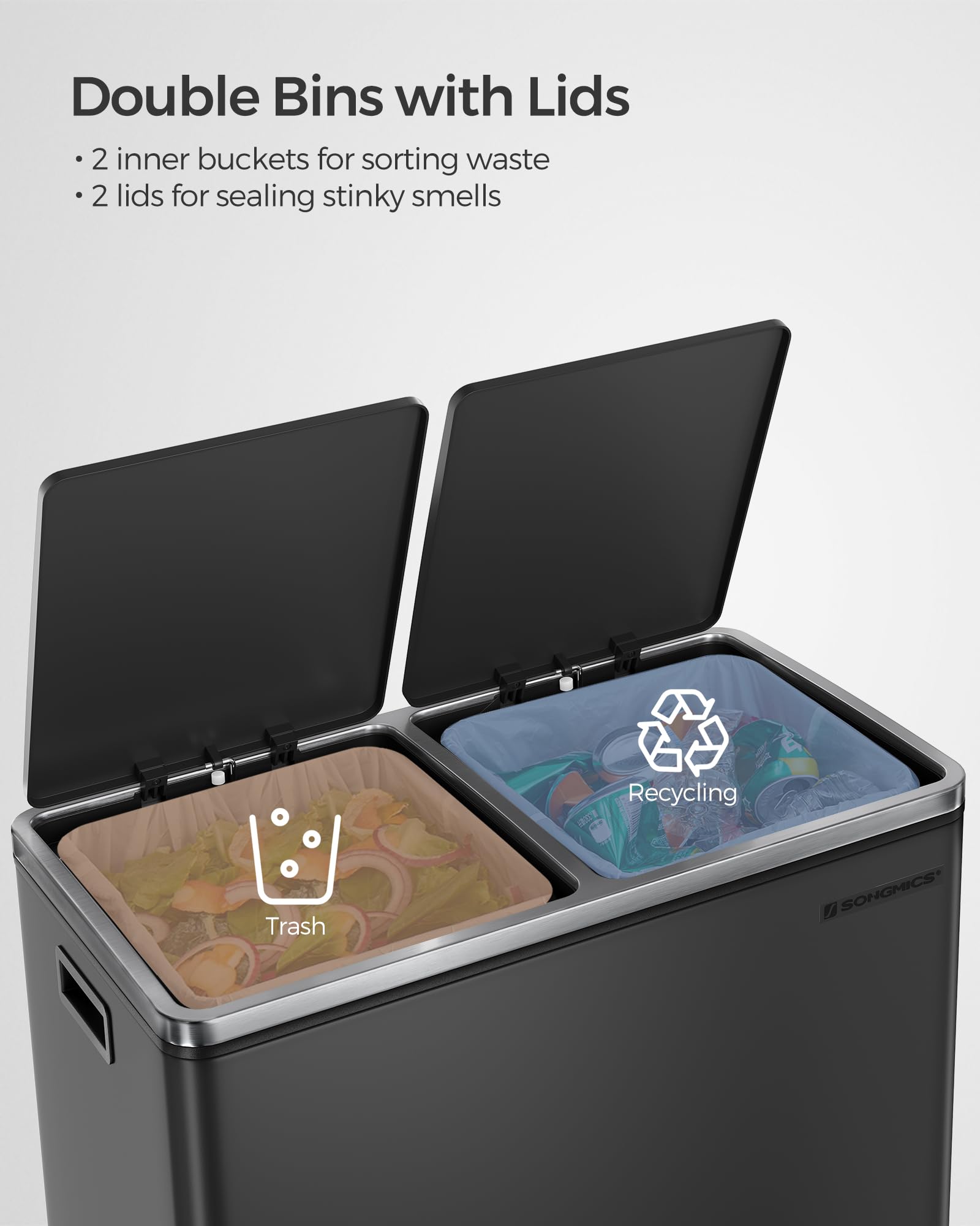 Songmics, Plastic, Hinged Lids, Handles Dual Garbage Can, 16 Gal (60L) Rubbish 15 Trash Bags, Metal Step Bin, With Inner Buckets
