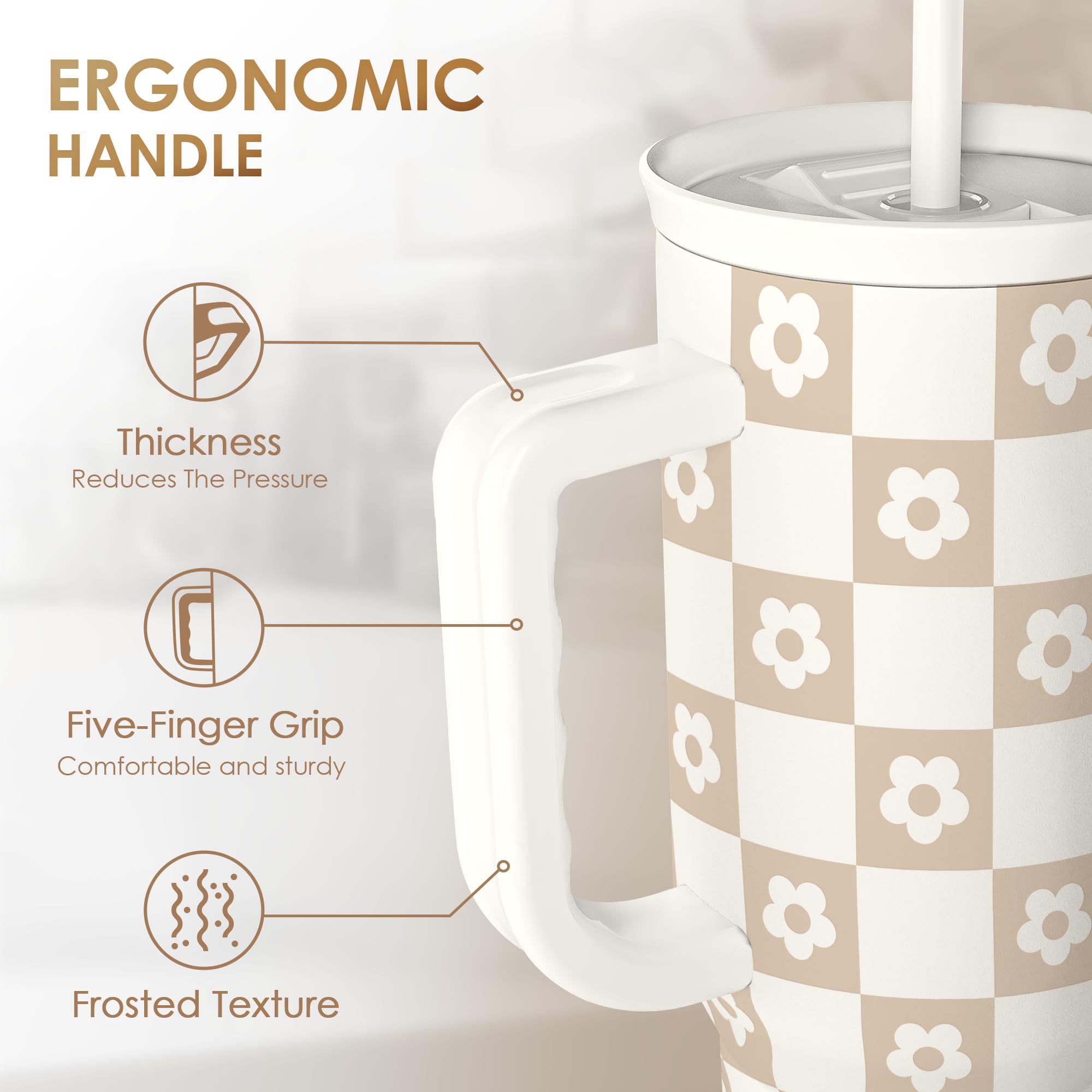 Checker Tumbler with Handle and Straw 40oz - Stainless Sleel Slider Tumbler Travel Coffee Mug for Women - Gift Idea for Birthday