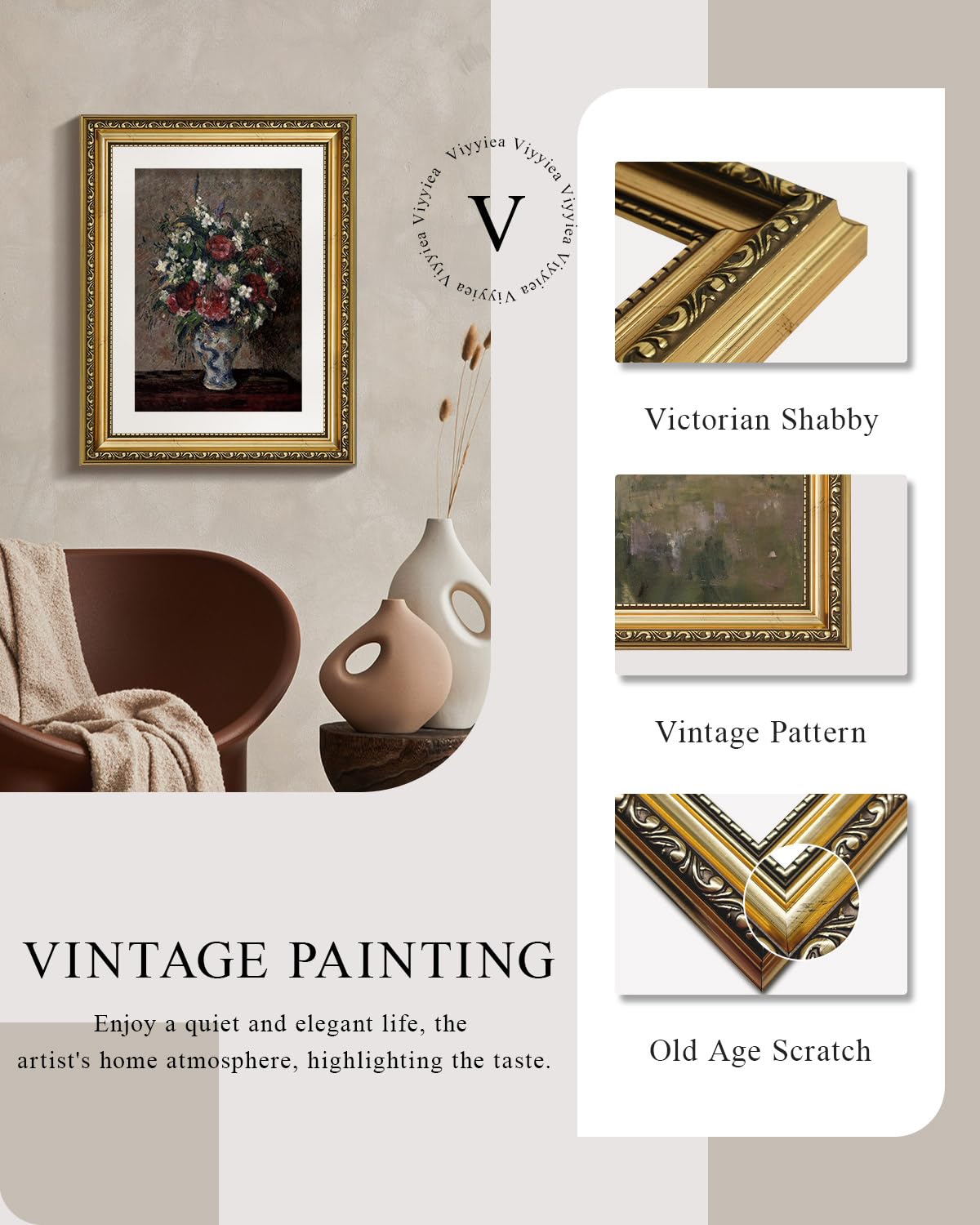 Viyyiea Gold Framed Wall Art Canvas Print Home Decor Flower Wall Decor ...