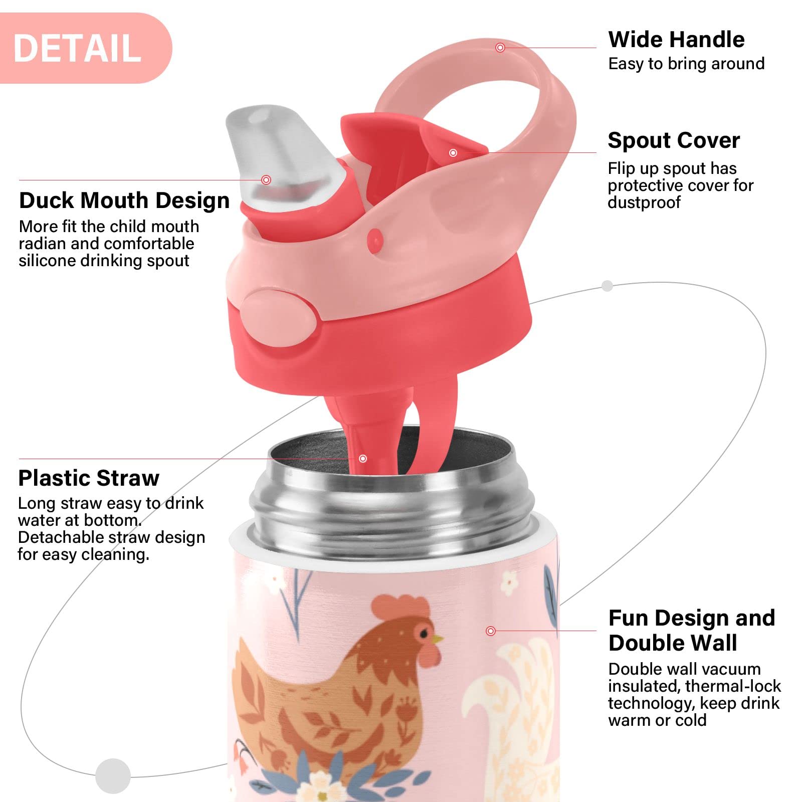 Kigai Cute Chickens And Flowers Kids Water Bottle, Vacuum Insulated Stainless Steel, Double Walled Leakproof Tumbler Travel Cup