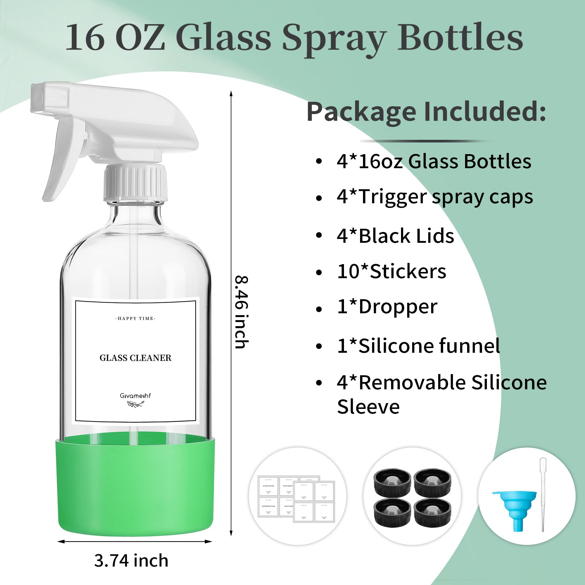 Givameihf 4 Pack Glass Spray Bottles With Silicone Sleeve,16Oz Clear Glass Spray Bottles Refillable Empty Bottle With Adjustable