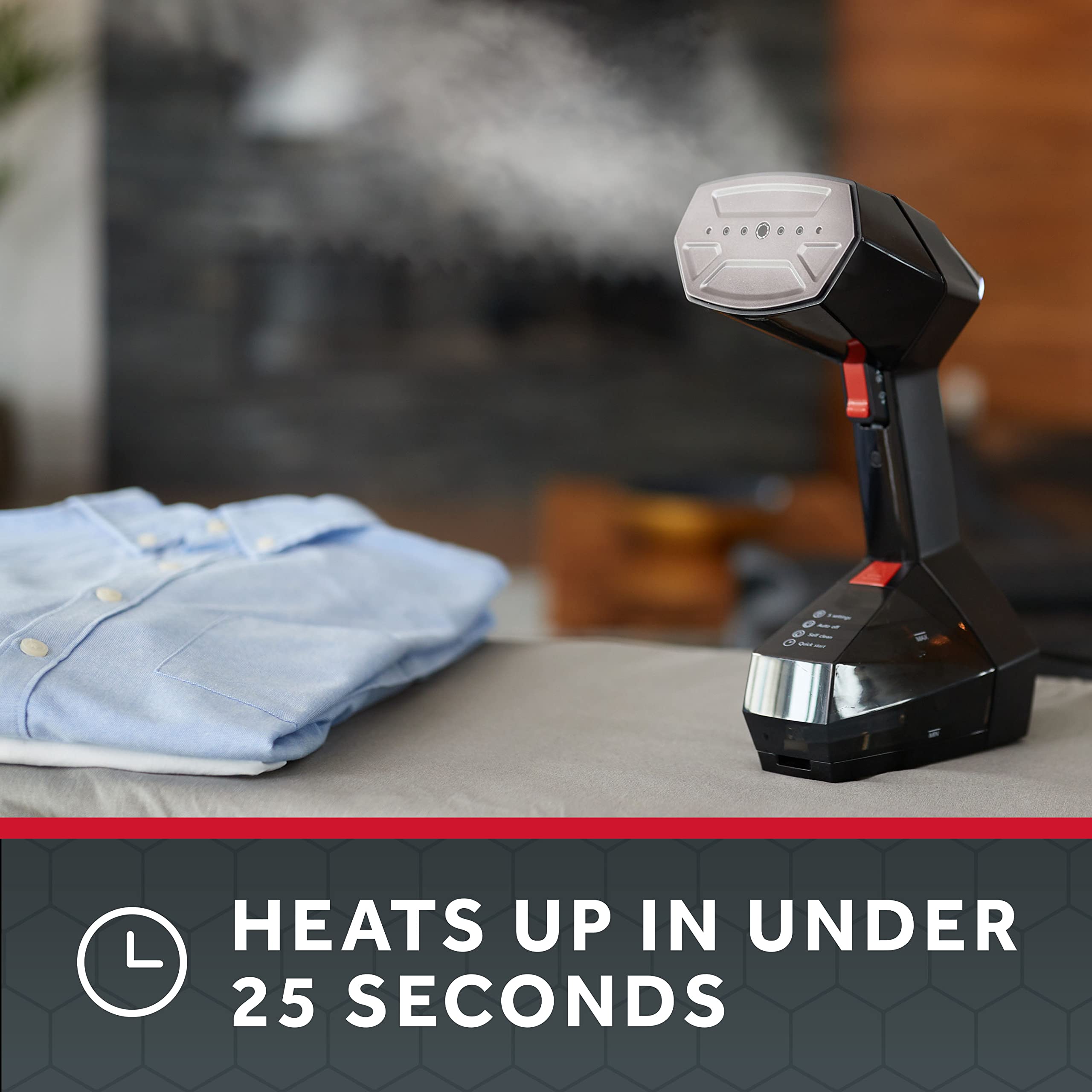 Sunbeam Professional 1575W Handheld Steamer for Clothes  Variable Temperature Control  25-Second Fast Heat-Up  Bristle Brush  Delicate Fabric Attachment  Black and Red Finish