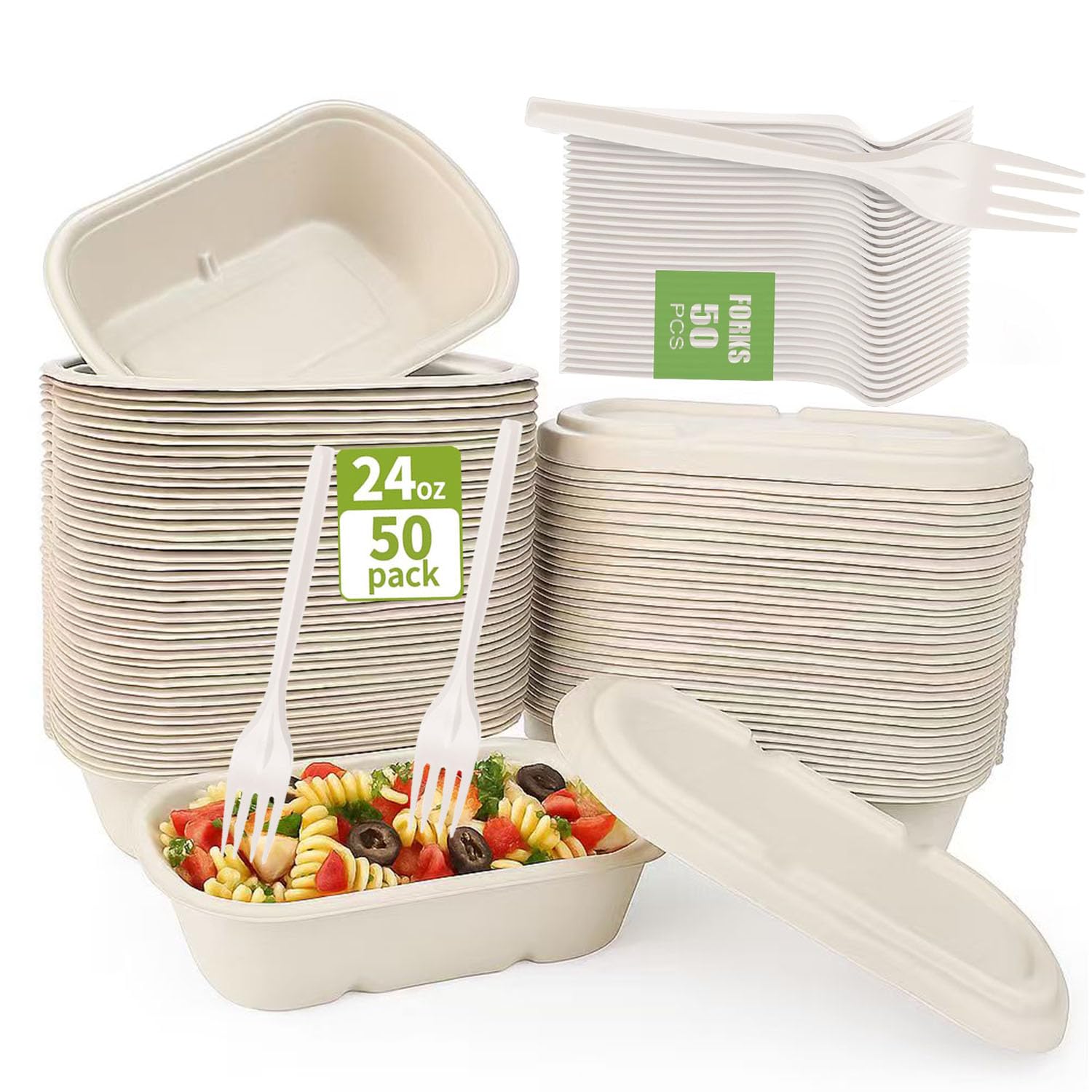 SharpRealm 24oz Disposable Meal Prep Food Containers with Lids, 50 Pack Sugarcane Fiber Pulp TakeOut Boxes, Compostable Biodegr
