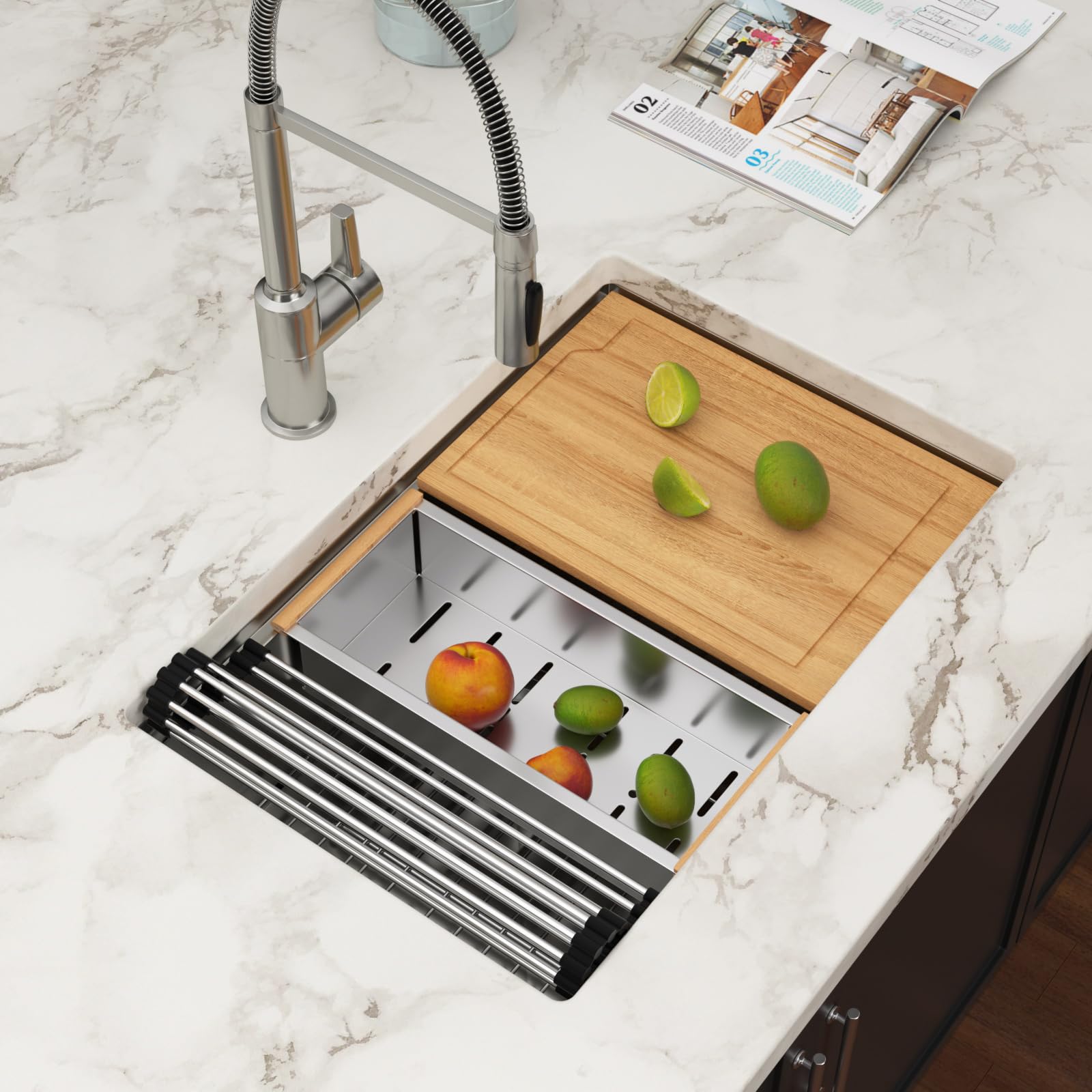 Couoko 27 Inch Undermount Workstation Kitchen Sink 27X19 Stainless Steel 16 Gauge Undermount Sink Deep Single Bowl Handmade Unde