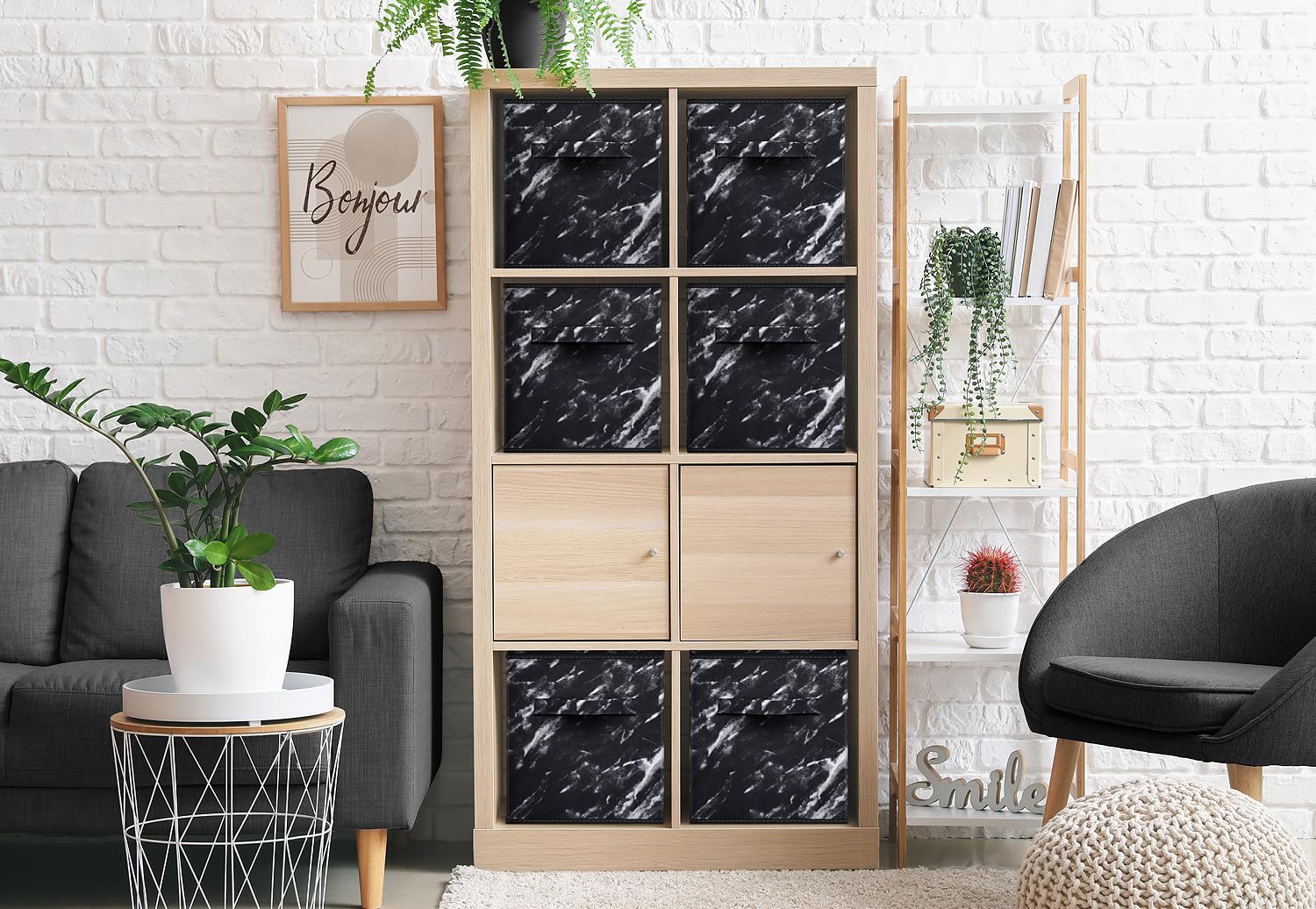 Sorbus Collapsible Storage Bins - 11'' Sturdy Foldable Fabric Storage Cubes With Handle - 4 Black Marble Organization And Storag