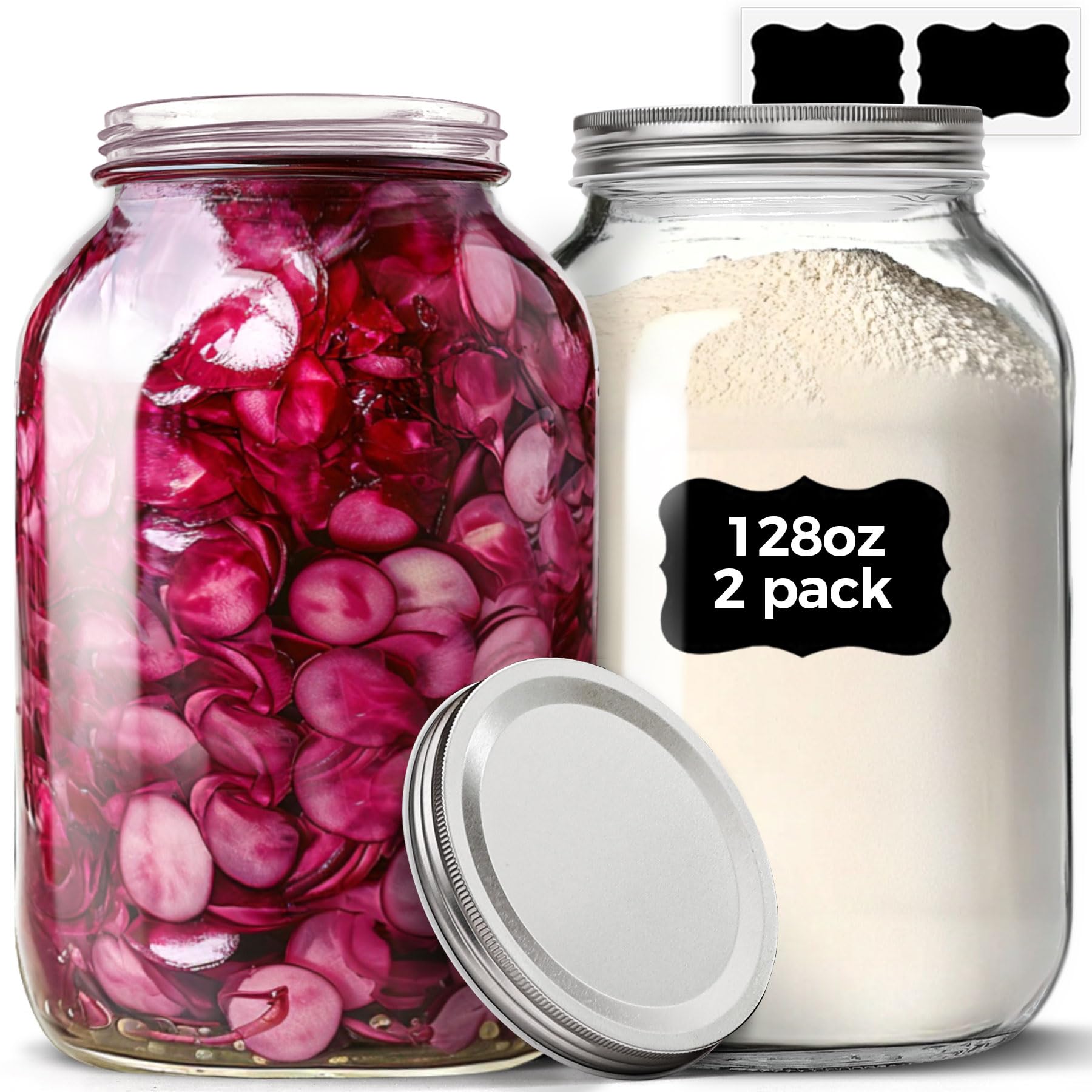 ComSaf 1 Gallon Wide Mouth Mason Jars 2 Pcs, 128 oz Glass Jars with Lids, Flour Sugar Storage Containers, Large Glass Containers