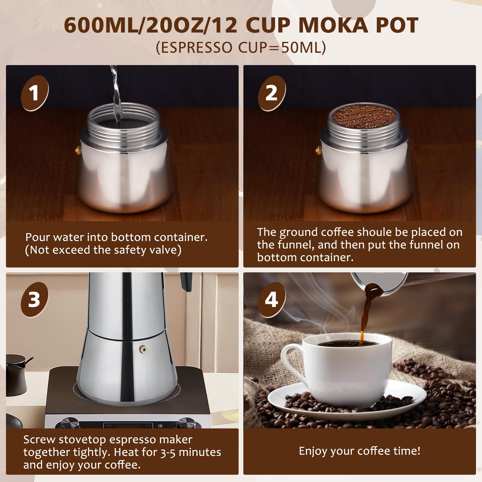 Vonates Stovetop Espresso Maker, 12 Cup Moka Pot, Italian Coffee Maker Percolator, Stainless Steel Espresso Pots, 600Ml/20Oz(Esp