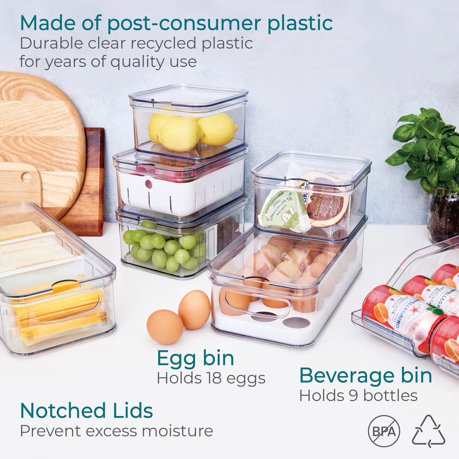 iDesign Plastic Refrigerator Organizer Bin Set The Spruce Fridge Binz  Set of 7  Clear/Matte White  7 Count