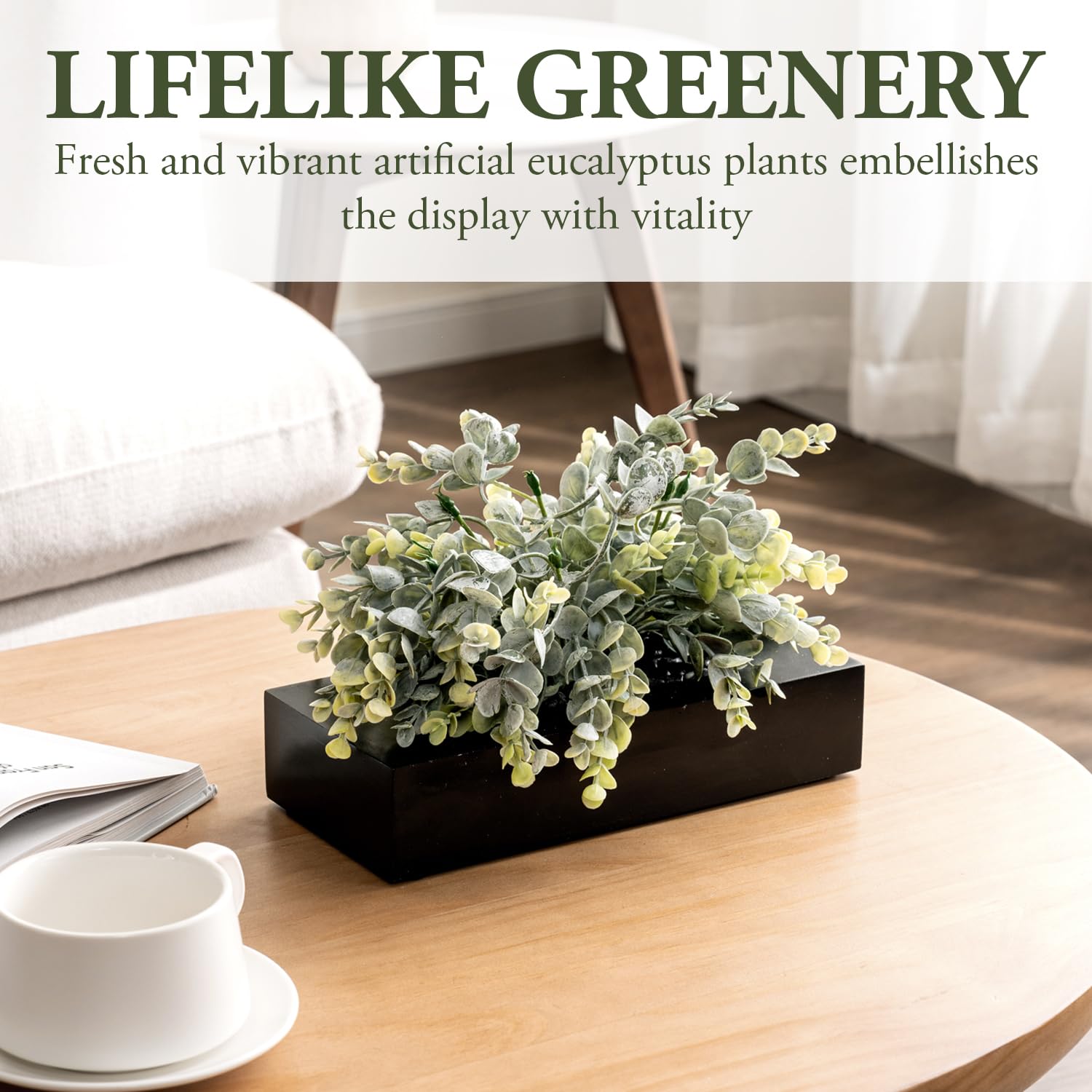MyGift Artificial Eucalyptus Plant in Black Wood Decorative Planter Pot, Realistic Faux Indoor Greenery in Container for Tableto