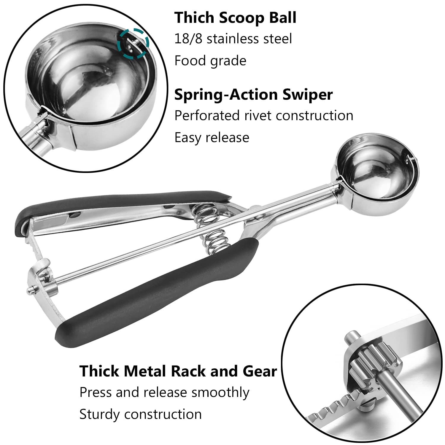 JUNADAEL J Cookie Scoop Set - 3 Stainless Steel Scoops (1, 2, 3 Tbsp) with Black Handle for Cookies, Cupcakes, Muffins, Ice Cream