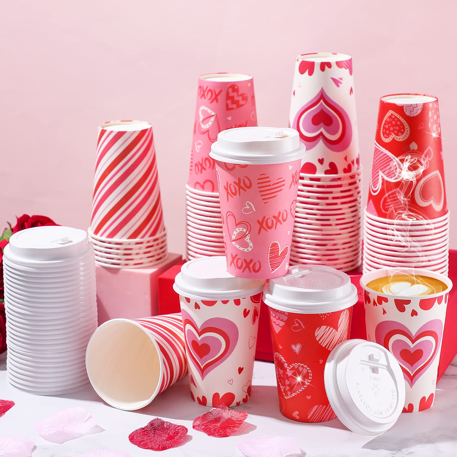 Funtery 60 Set Valentine'S Day Disposable Cups With Lids 12 Oz Pink Paper Beverage Cups Hearts Hot Chocolate Cocoa Hot Tea Conta