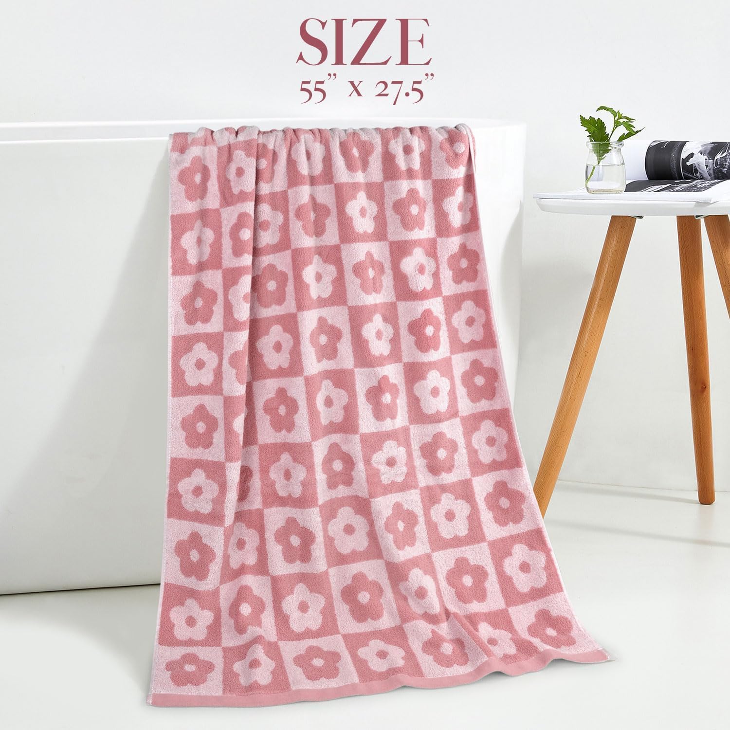 Jacquotha 2-Pieces Luxury Bath Towels Checkered Floral, Pink Towels For Women Girls Shower Body 27.5X55 Inches, Valentines Gifts