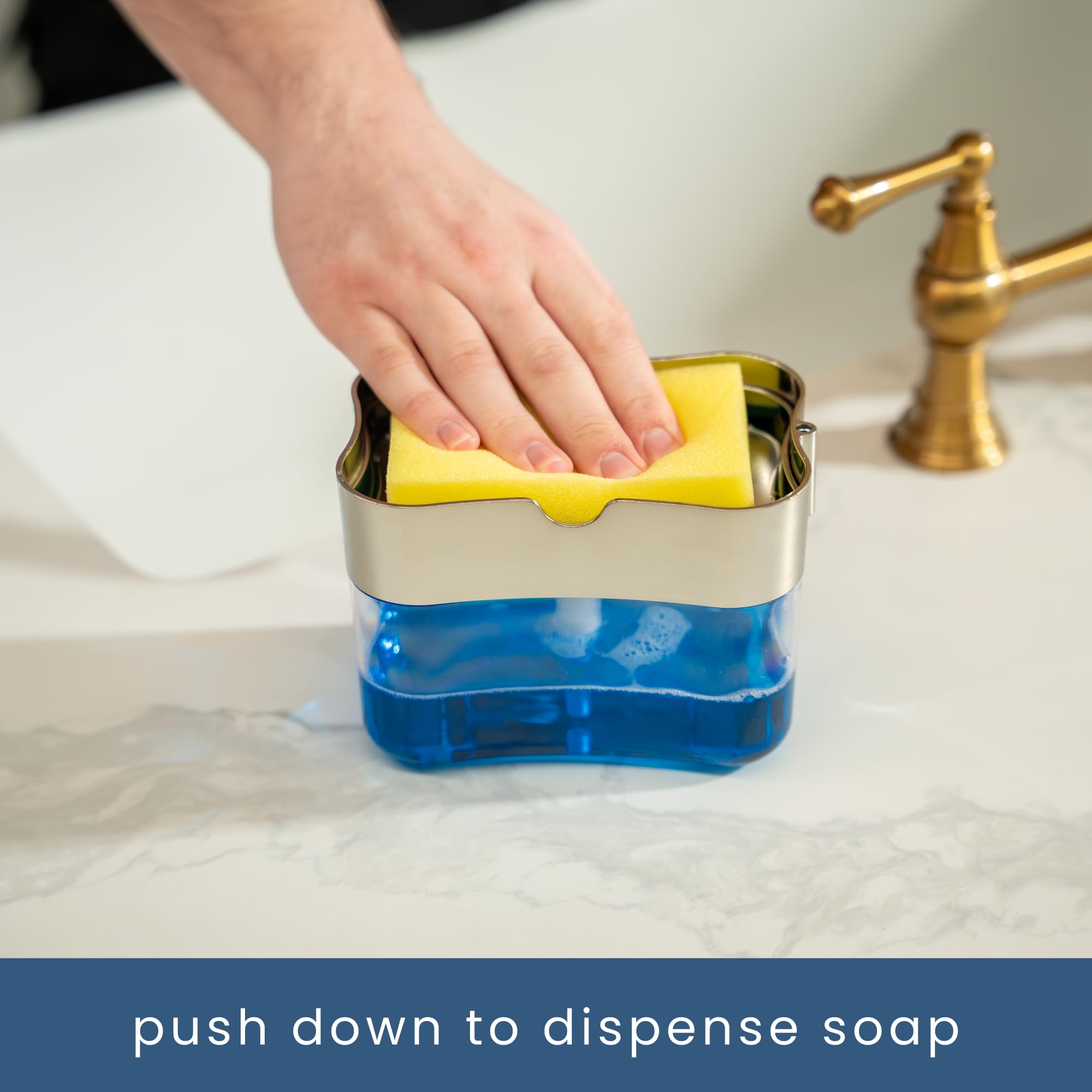 S&T INC. Dish Soap Dispenser and Sponge Holder for Kitchen Sink  Sponge Included  13 Ounces  Metallic Silver
