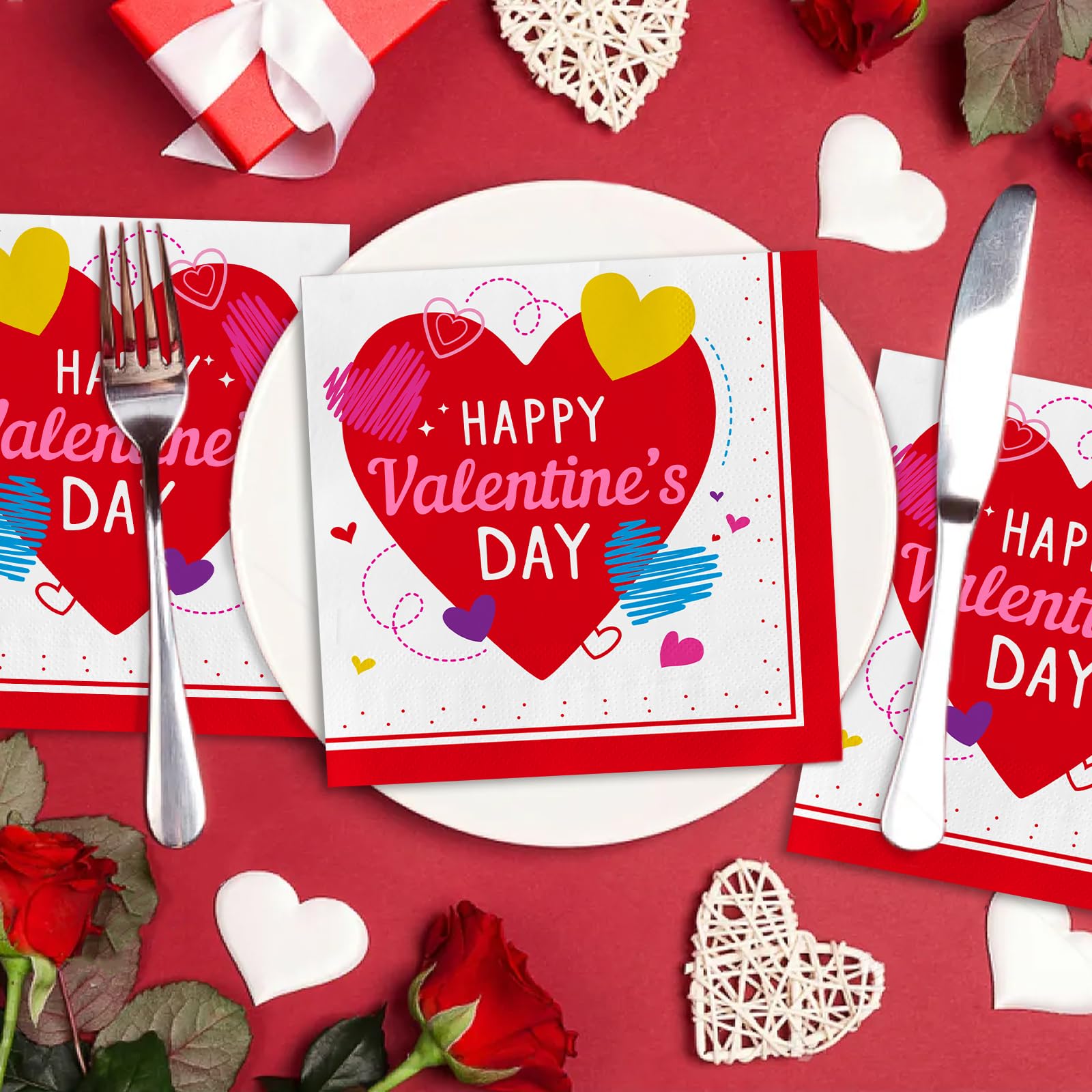 50-Pack Valentine'S Day Napkins 3-Ply - Love-Heart Themed Disposable Paper Napkins For Romantic Celebrations - 6.5'' Red Heart N