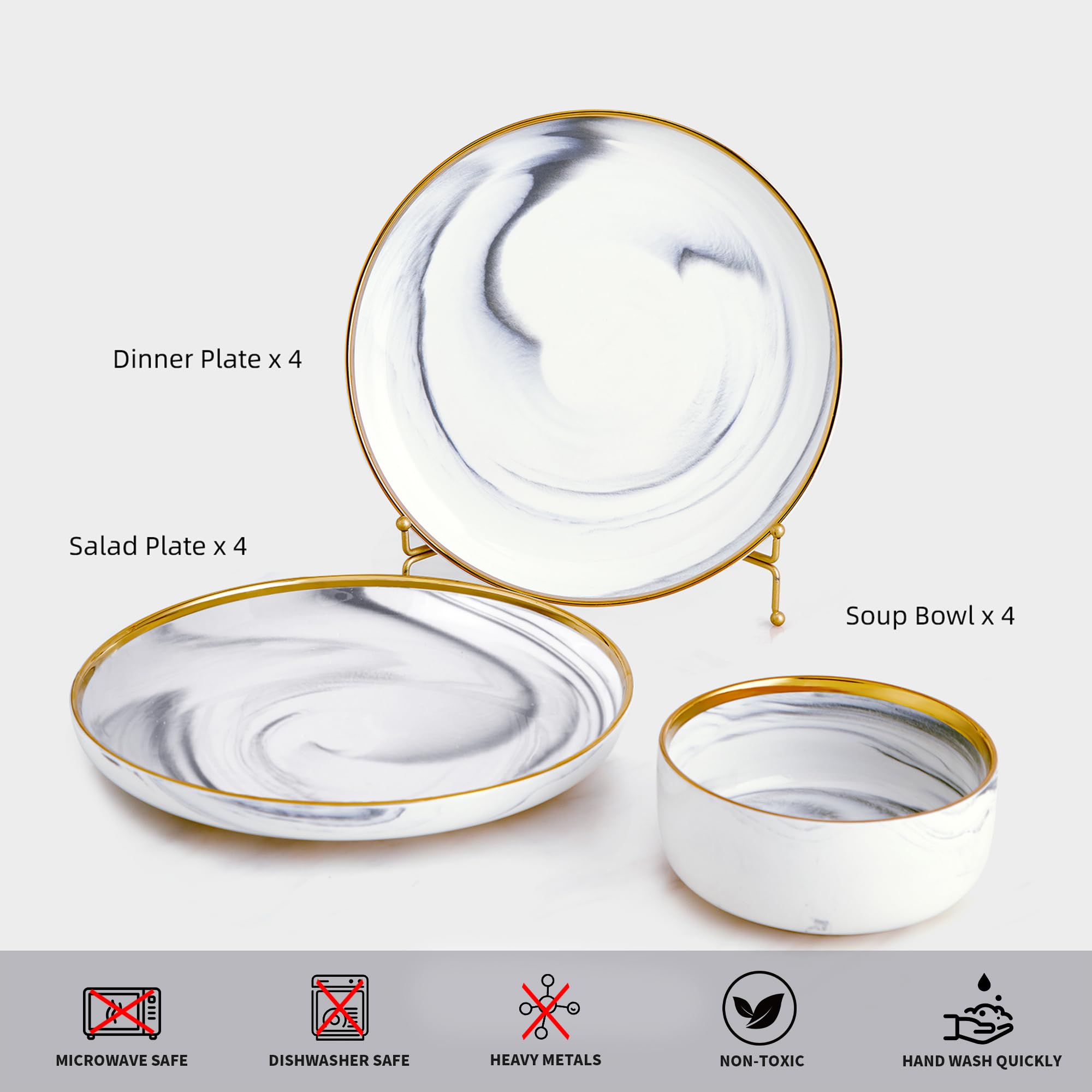 Pokini Marble Gold Rim Dinnerware Sets, Porcelain Plates and Bowls Sets, Modern Luxury Dish Set for 4, White Grey China Dinner S