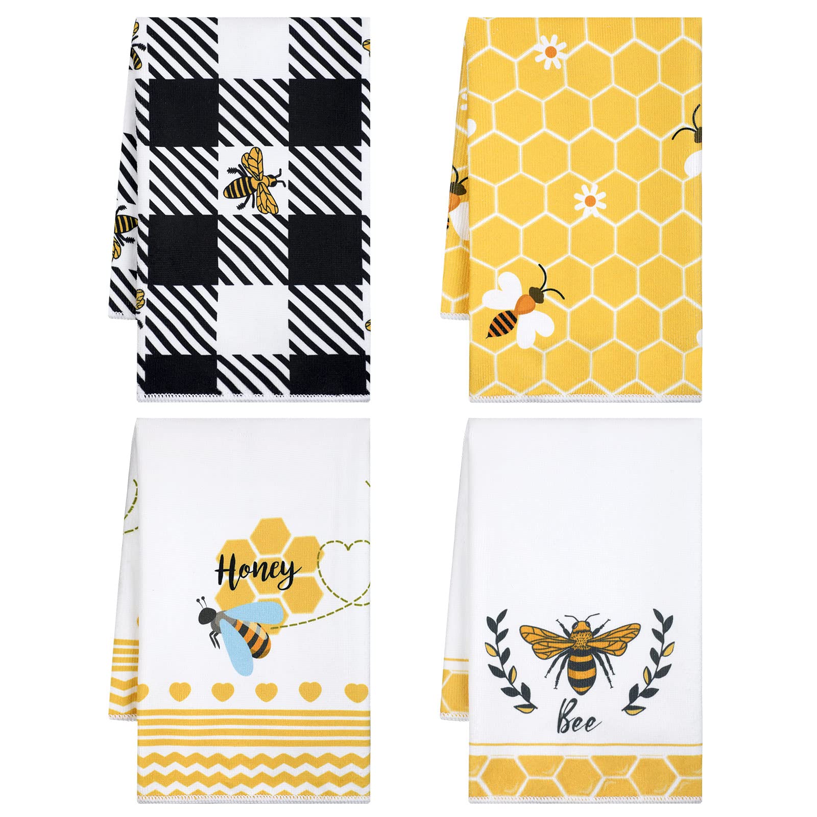 Tegeme 4 Pcs Bee Kitchen Tea Towel Honey Bee Dish Towels Honeycomb Bath Washcloth Honey Hand Polyester Absorbent Cloths Accessor