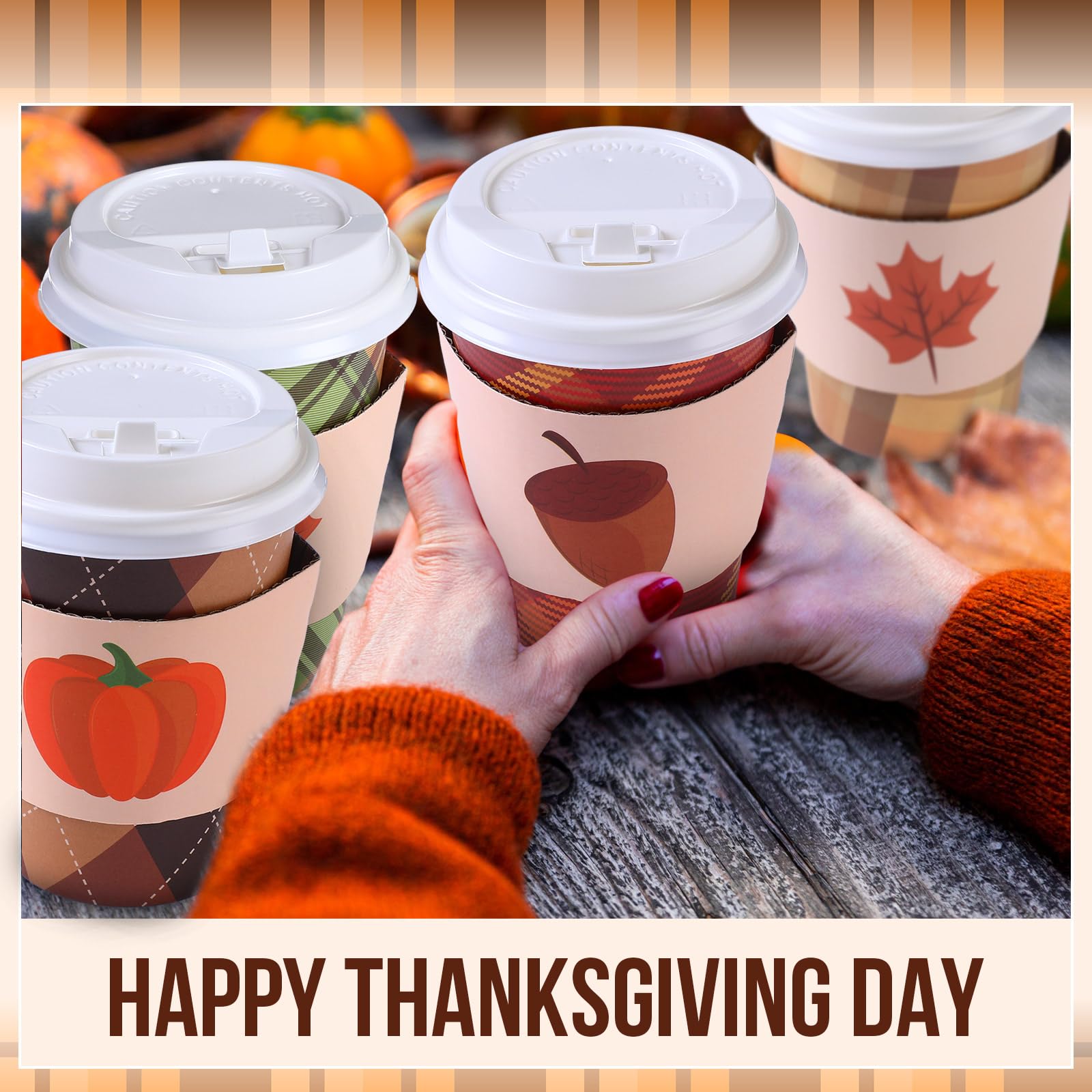 Jingmore 60 Sets Fall Disposable Coffee Cups with Lids and Sleeves 12 oz Paper Buffalo Plaid Coffee Cups for Hot Cold Drinks Tea