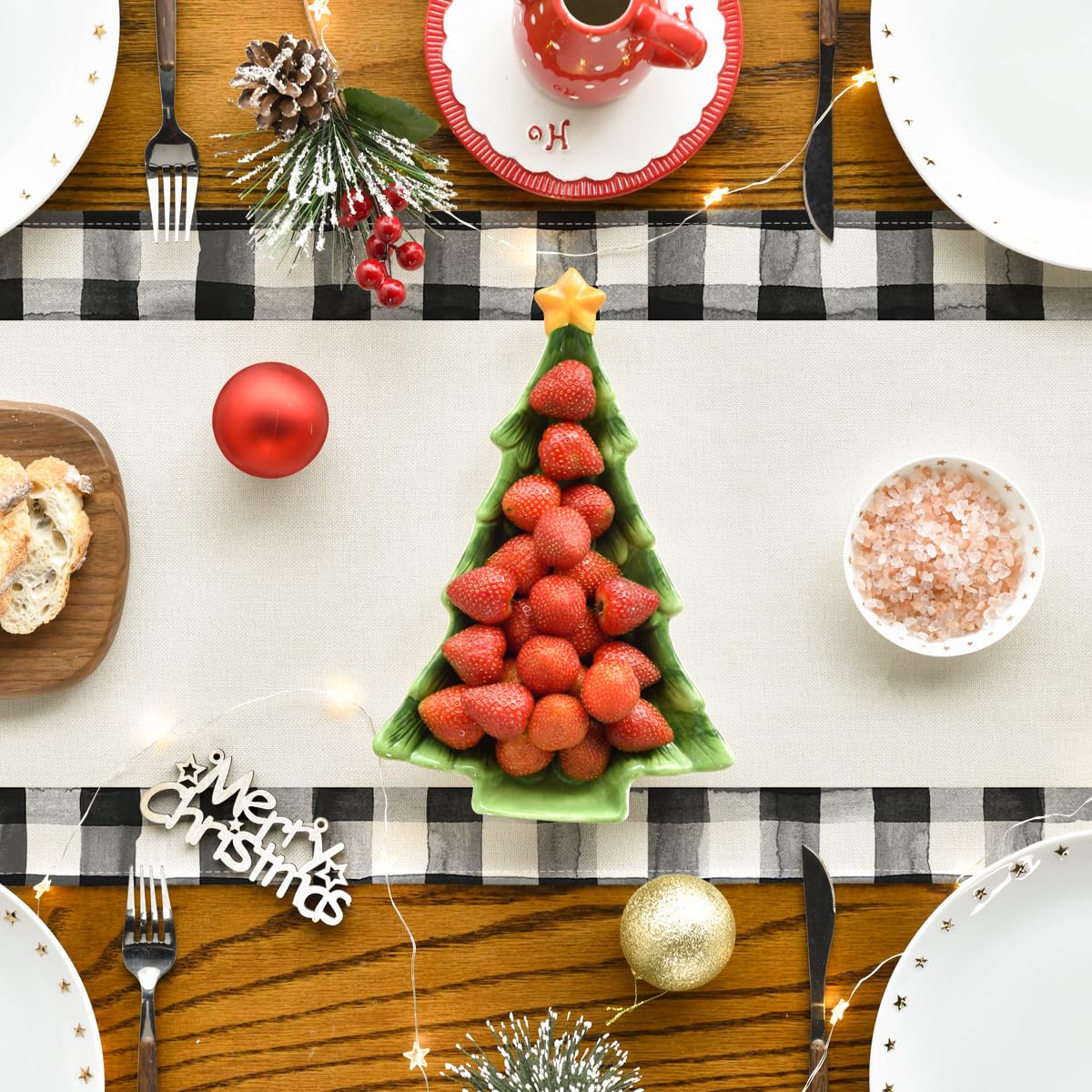 Artoid Mode Waterclor Buffalo Plaid Christmas Trees Merry Xmas Table Runner, Seasonal Winter Holiday Kitchen Dining Table Decora
