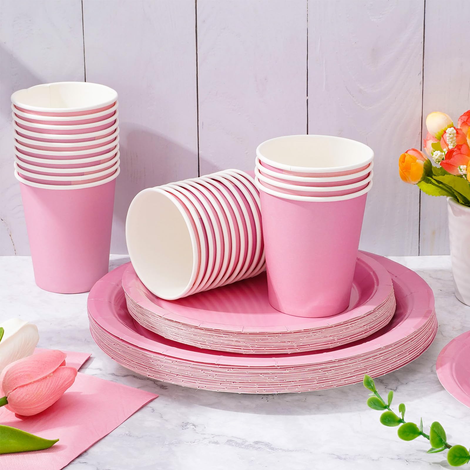 Whaline 100Pcs Valentine'S Day Light Pink Tableware Set Wedding Disposable Dinnerware Set 50Pcs Paper Plates 25Pcs Napkins 25Pcs