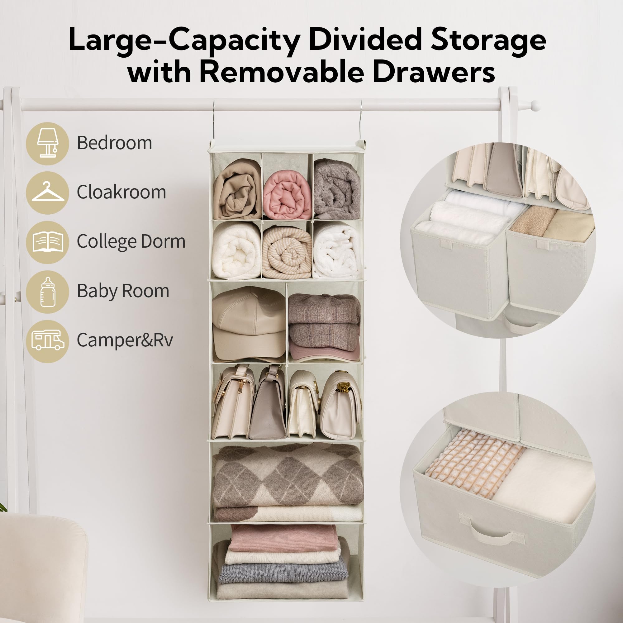 Granny Says Hanging Closet Organizer With Drawers, 6 Shelf Dividers Closet Hanging Organizer, Foldable Hanging Shelves For Close