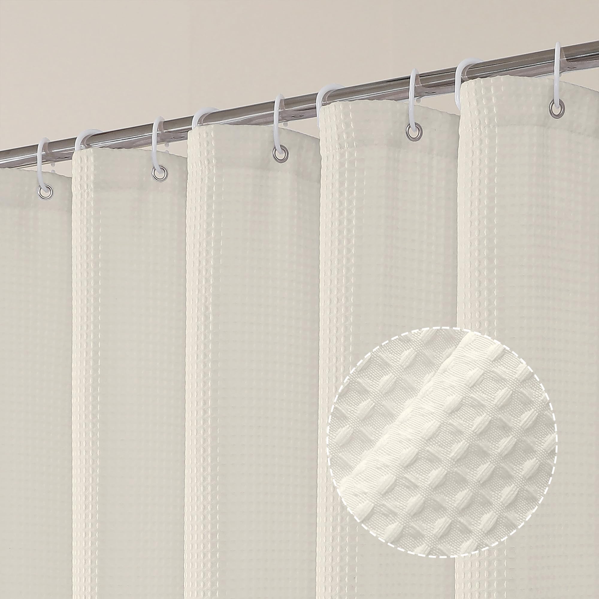 Ovzme Cream Shower Curtain Set, Waffle Textured Heavy Duty Fabric Shower Curtain For Bathroom, Luxury Hotel Weighted 230Gsm Bath