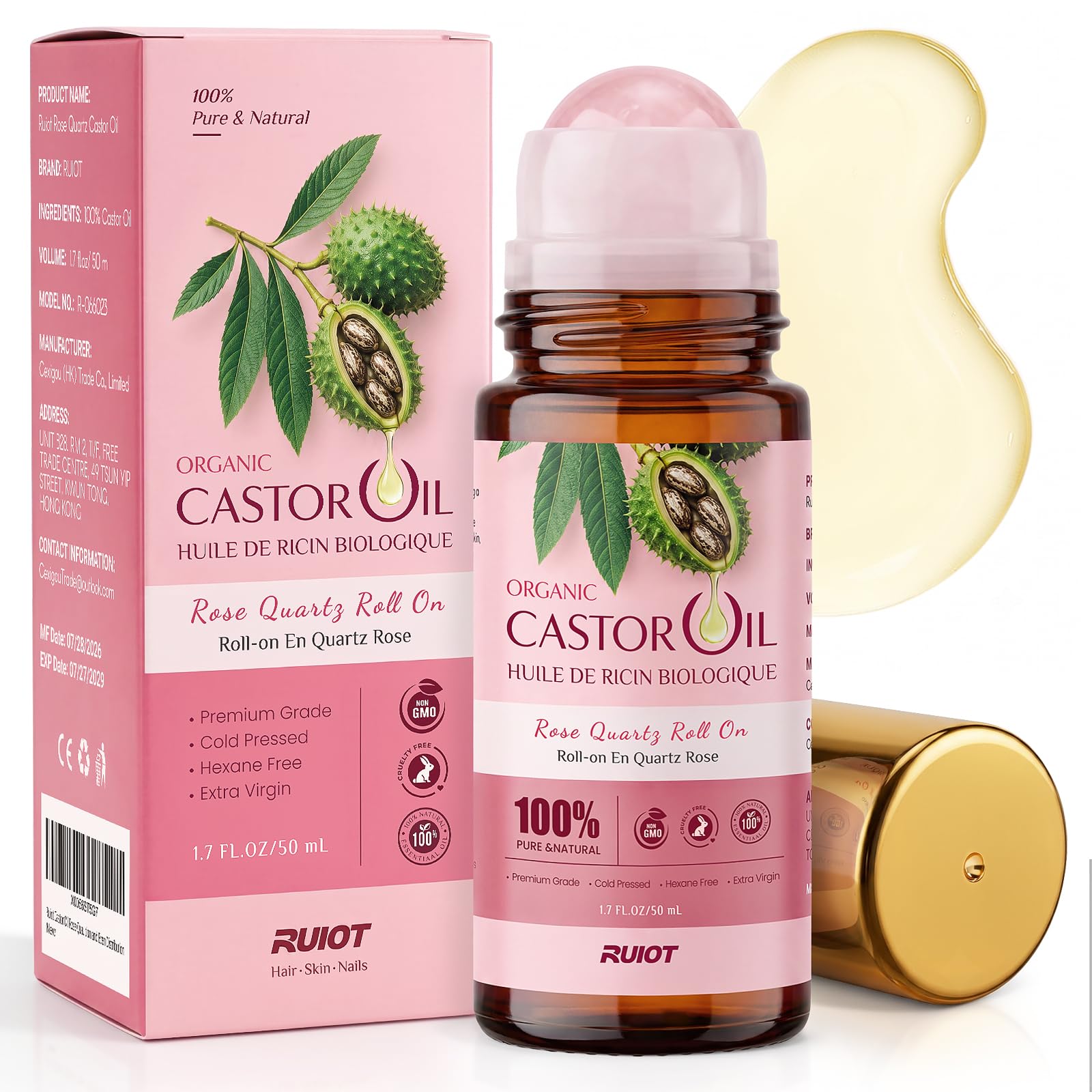 Castor Oil Roll On with Genuine Rose Quartz Roller, Cold Pressed 1.7 fl.oz