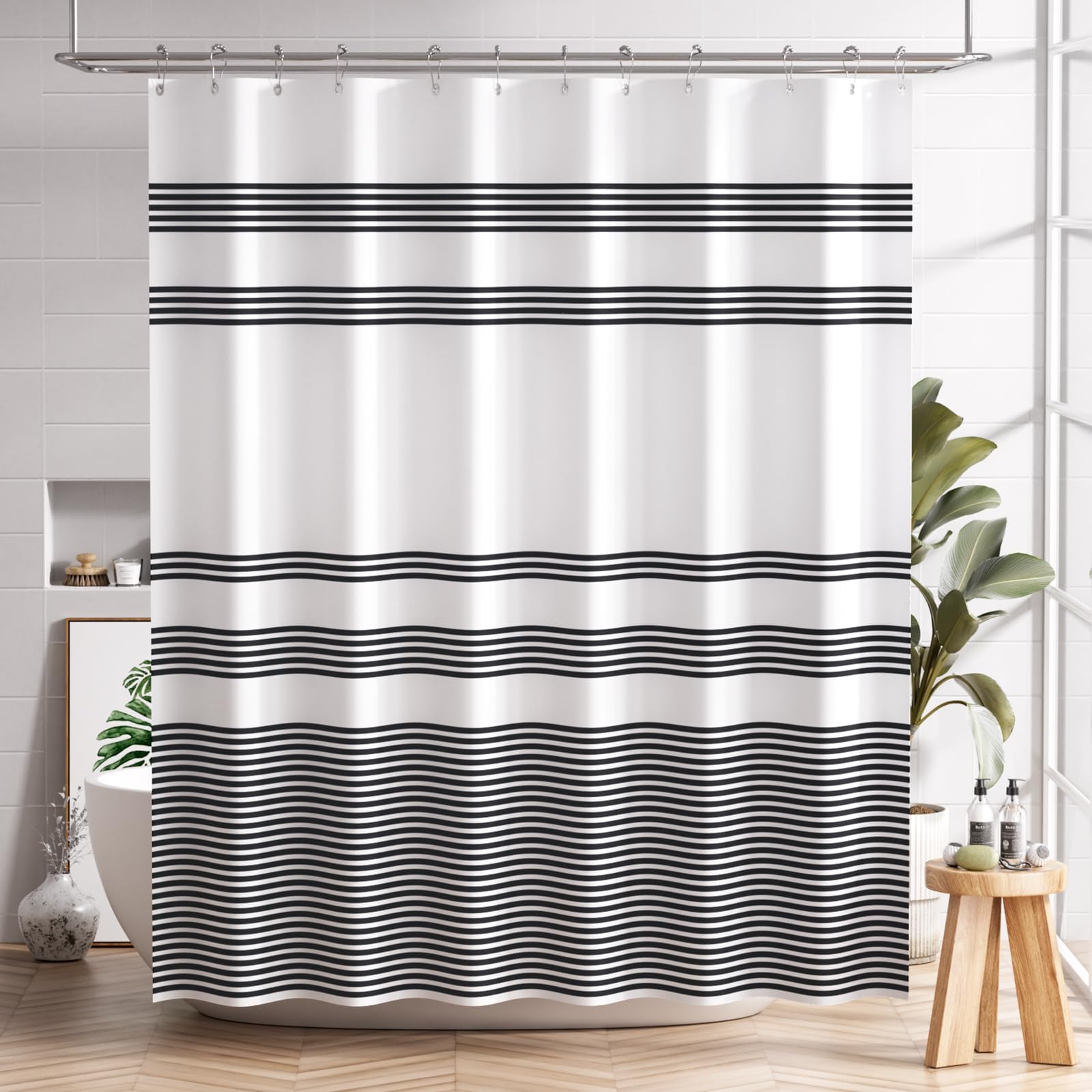 AmazerBath Shower Curtain Sets  Washable Cloth Black Shower Curtain with 12 Hooks  Fabric Rustic Black and White Striped Farmhouse Bathroom Shower Curtain  72x72 Inches