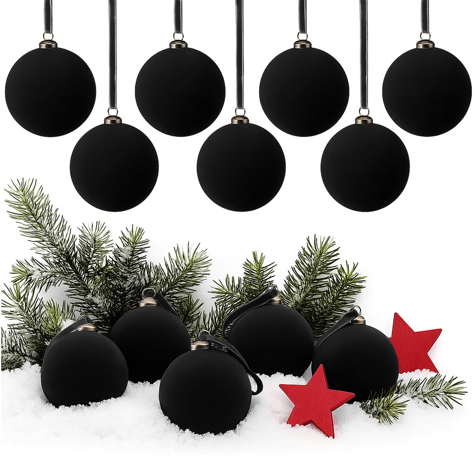 Arrowbash 32 Pcs Black Velvet Christmas Balls Bulk - 3.15 Inch Flocked Christmas Tree Ball Ornaments Xmas Shatterproof Hanging O