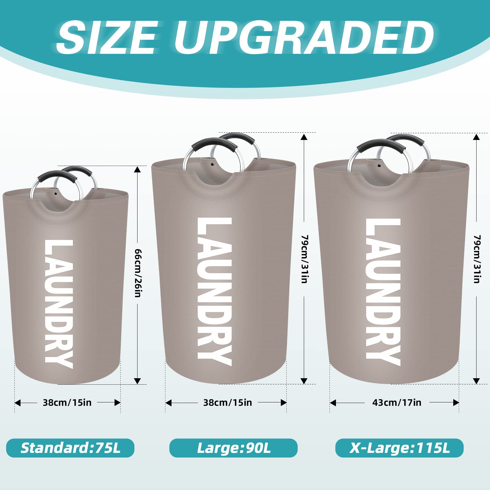 StorageRight 90L Large Laundry Basket  Laundry Hamper  Dirty Clothes Hamper for Laundry  Collapsible  Waterproof Laundry Baskets with Foam Protected Aluminum Handles for Laundry  Dorm  Family (Khaki)