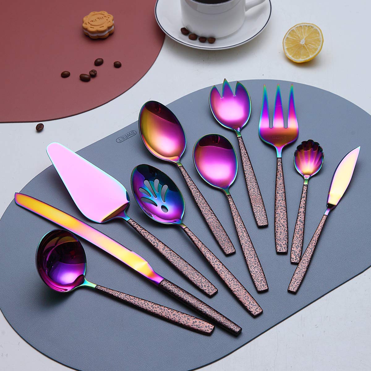 Berglander Silverware Serving Set 10 Pieces With Moon Surface Handle And Shiny Rainbow Mouth Titanium Plating, Stainless Steel M