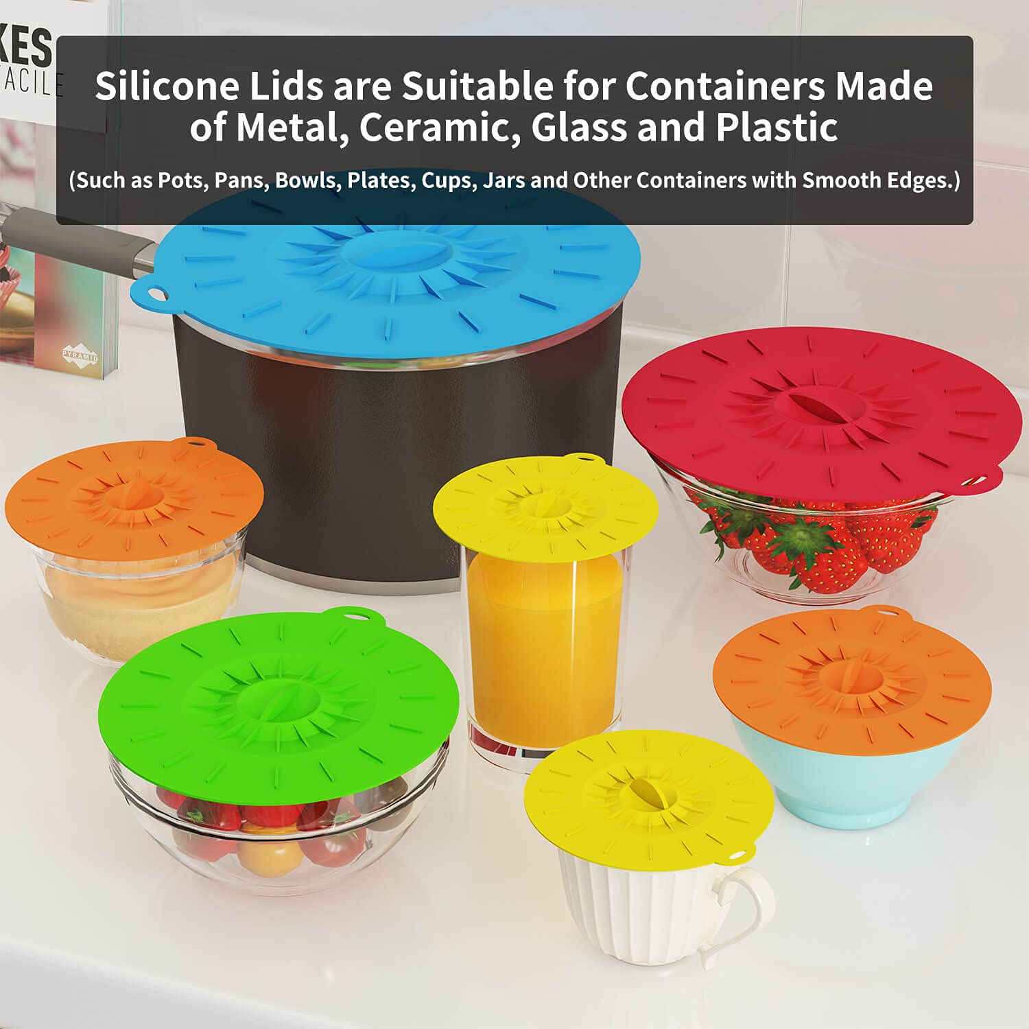 7 Pack Silicone Lids, Microwave Splatter Cover, 5 Sizes Reusable Heat Resistant Food Suction Lids Fits Cups, Bowls, Plates, Pots