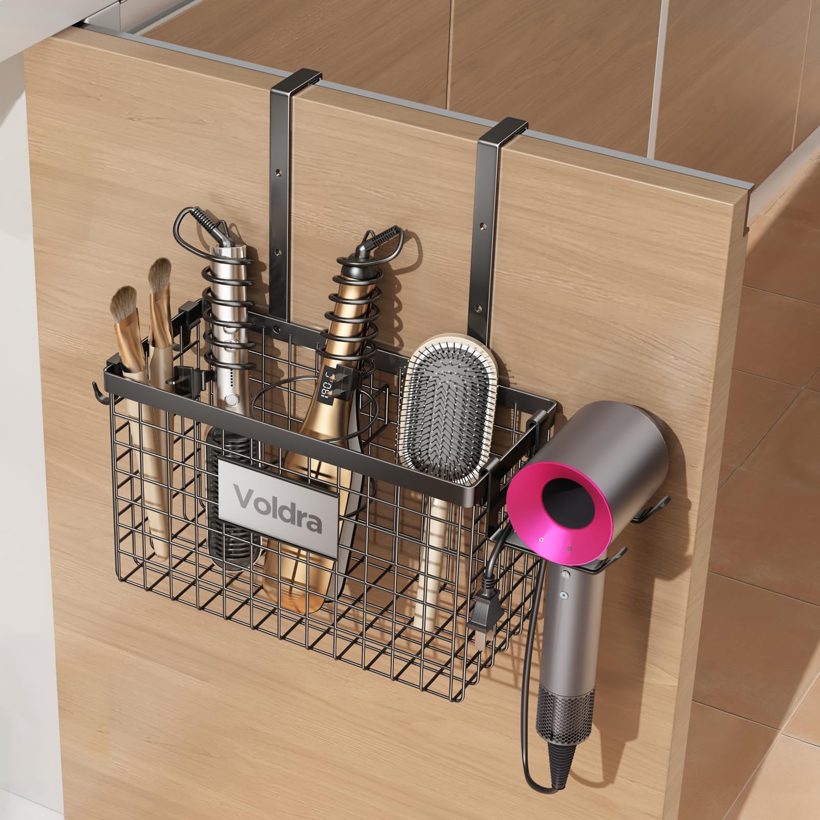 Voldra Hair Dryer Holder Cabinet Door, Adhesive Hair Tool Organizer Wall Mount Adjustable Height Blow Dryer Holder Under Sink/Co