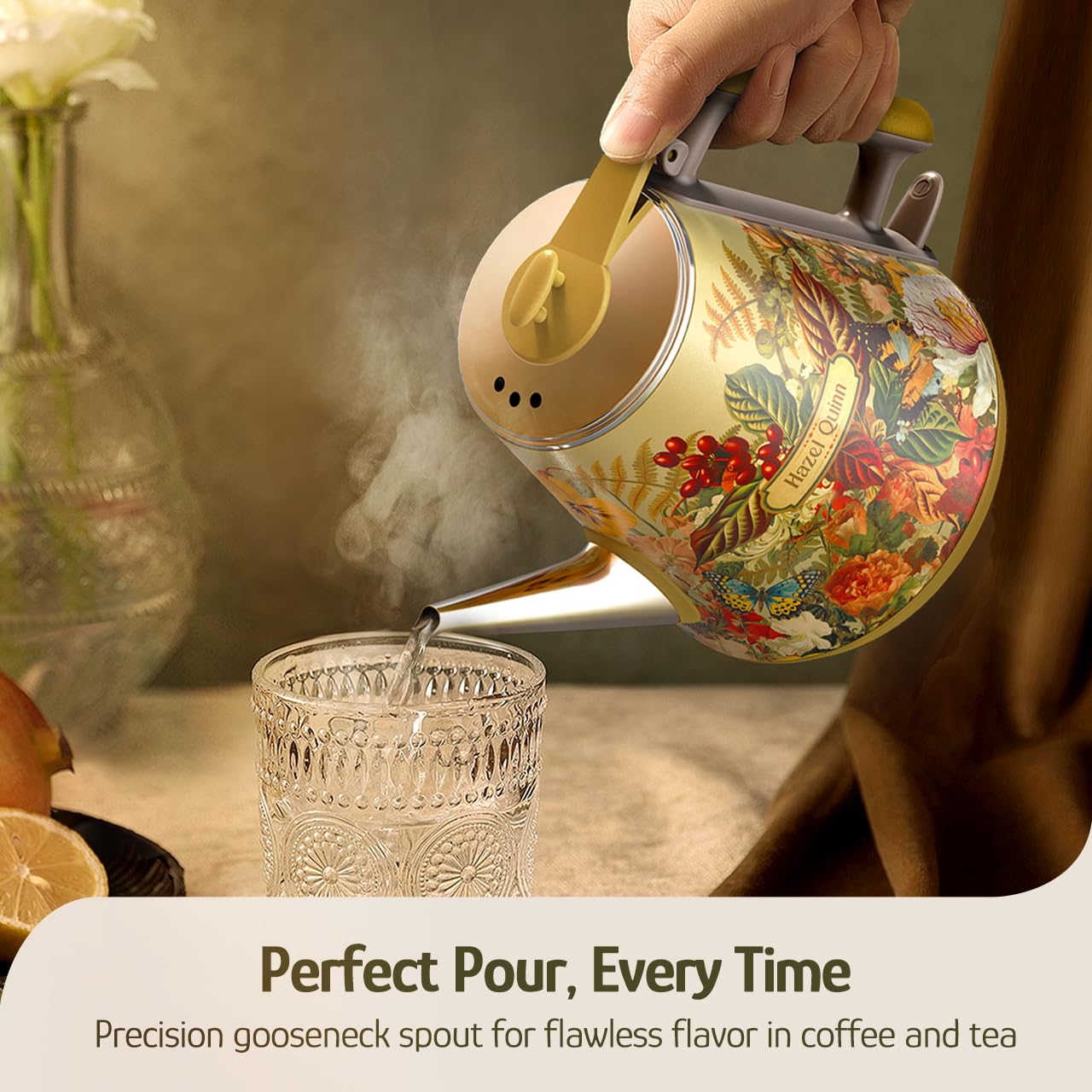 Hazel Quinn Retro Electric Kettle, 1L Stainless Steel, Floral Print, 800W, Double Wall, BPA-Free, Model XSH005