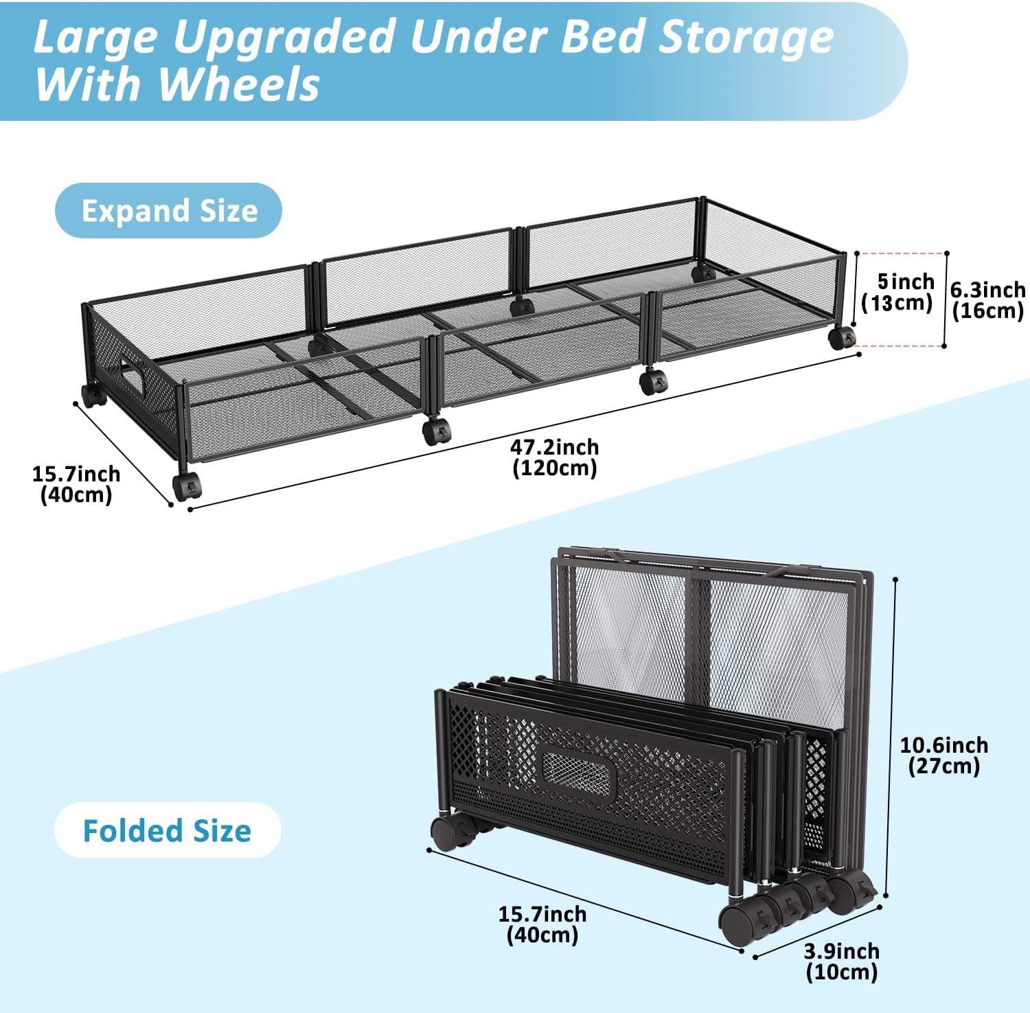 Nonkky 47.2'' Long Under Bed Storage, 57.6L Large Capacity Under Bed Storage with Wheels, Rolling Under the Bed Storage Containe