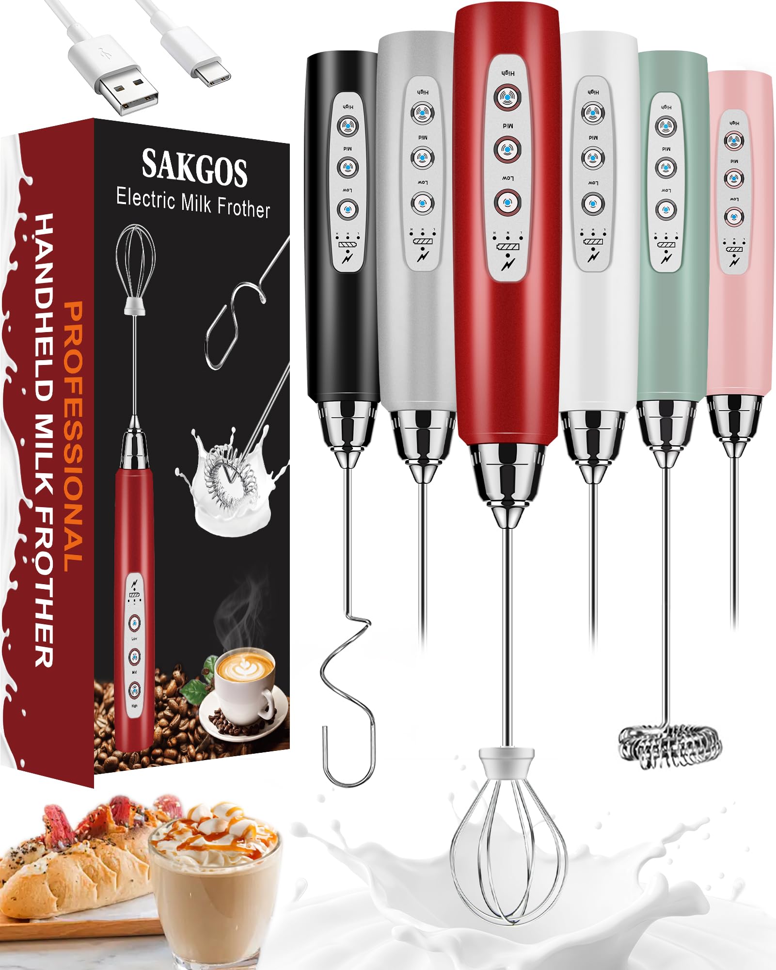 Sakgos Milk Frother Rechargeable Handheld-Electric Whisk 3 Speed Adjustable, Frother Wand Coffee With 3 Stainless Whisks, Electr