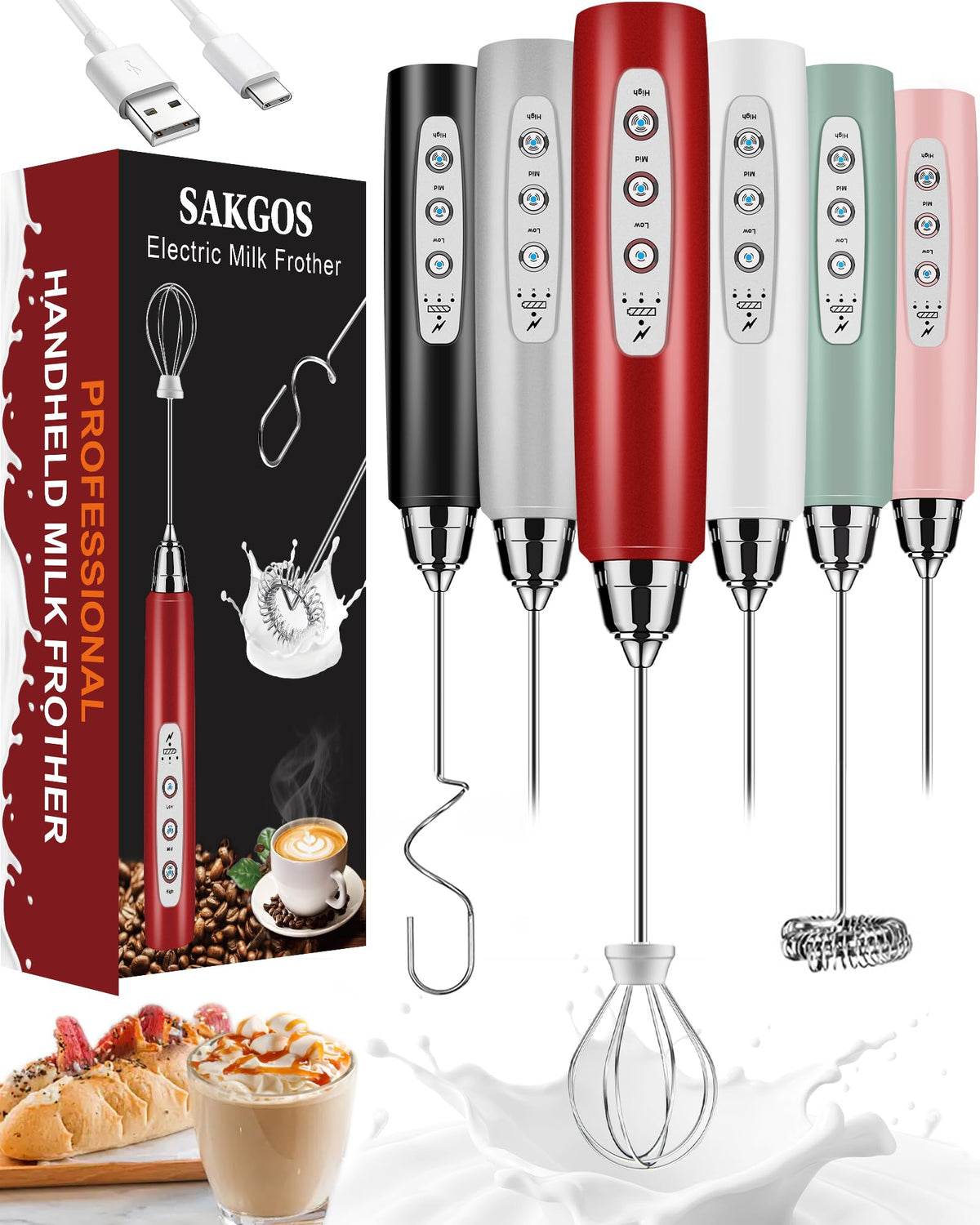Sakgos Milk Frother Rechargeable Handheld-Electric Whisk 3 Speed Adjustable, Frother Wand Coffee With 3 Stainless Whisks, Electr