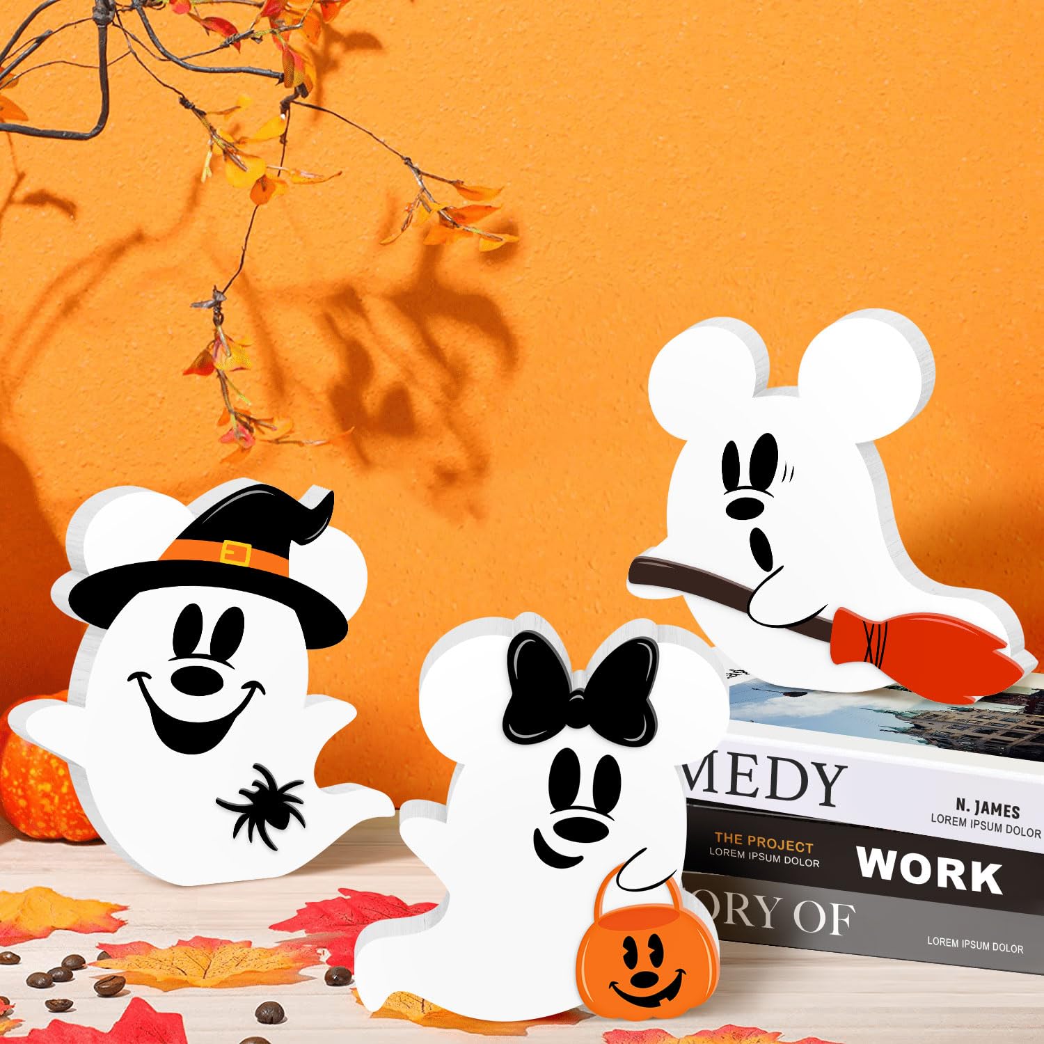 Halloween Mouse Shaped Cute Ghost Table Decor, 3 Pcs White Ghost Wooden Signs, Witch Pumpkin Spider Wood Centerpiece Tabletop Or