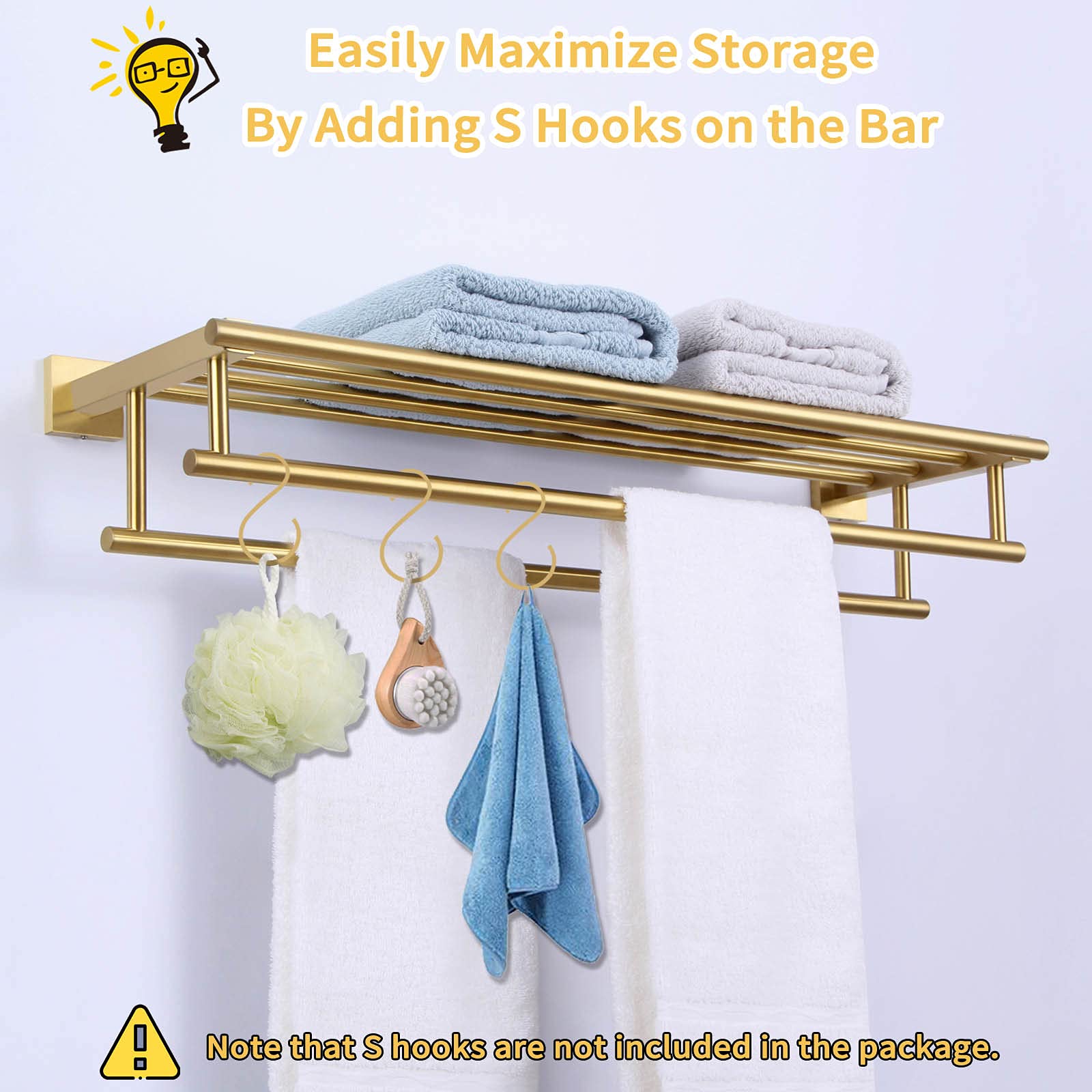 Angle Simple Towel Rack For Bathroom, Sus 304 Stainless Steel Hand Towel Holder With Shelf, Brushed Gold, 23.62 Inches