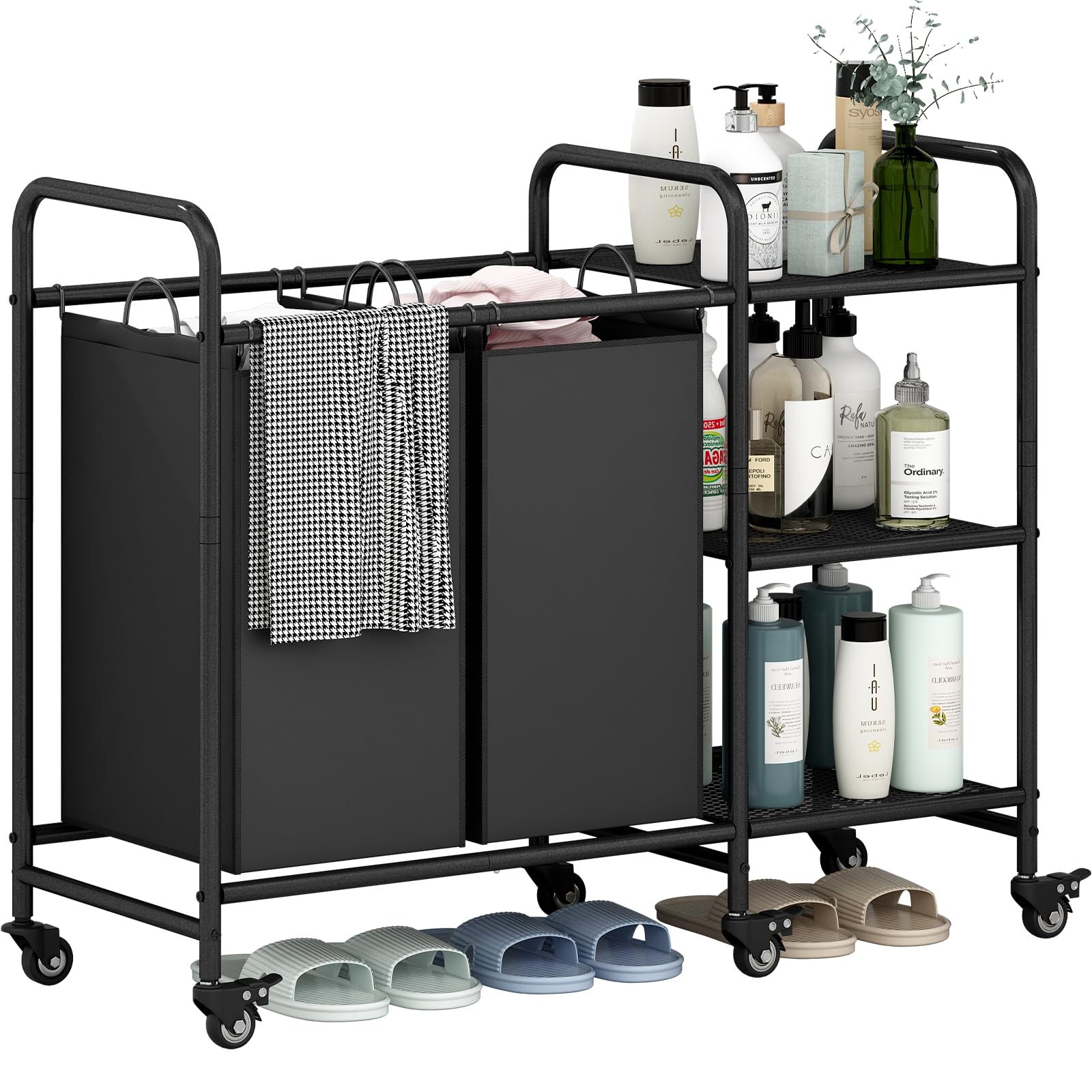 Linzinar 2 Bag Laundry Basket Sorter Cart With Storage Shelf Laundry Hamper With Rolling Wheels For Clothes Storage Laundry Orga