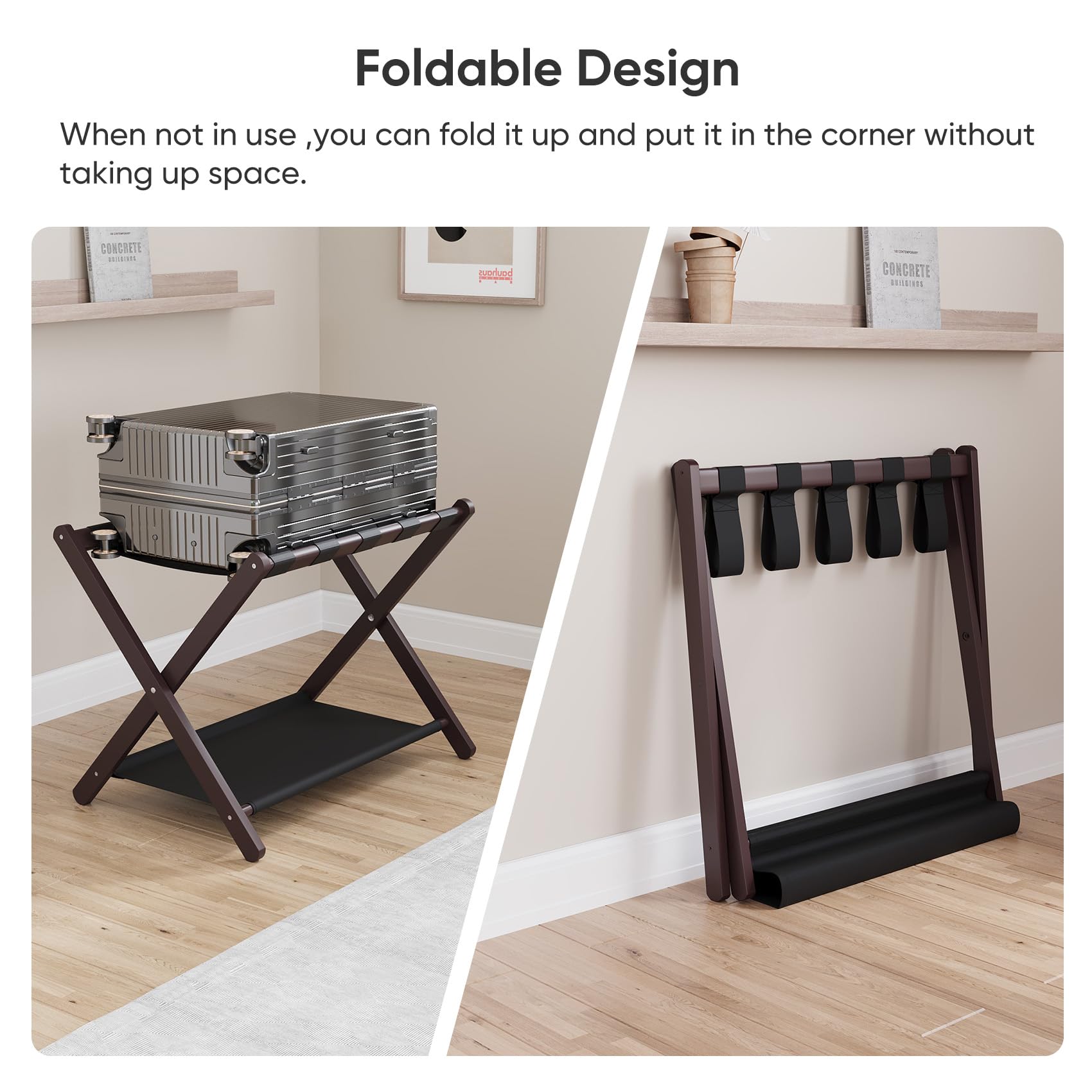 Smuxee Brown Bamboo Luggage Rack Pack Of 2, Foldable Suitcase Stand With Storage Shelf, Easily Assembled Luggage Stand With 5 Ny
